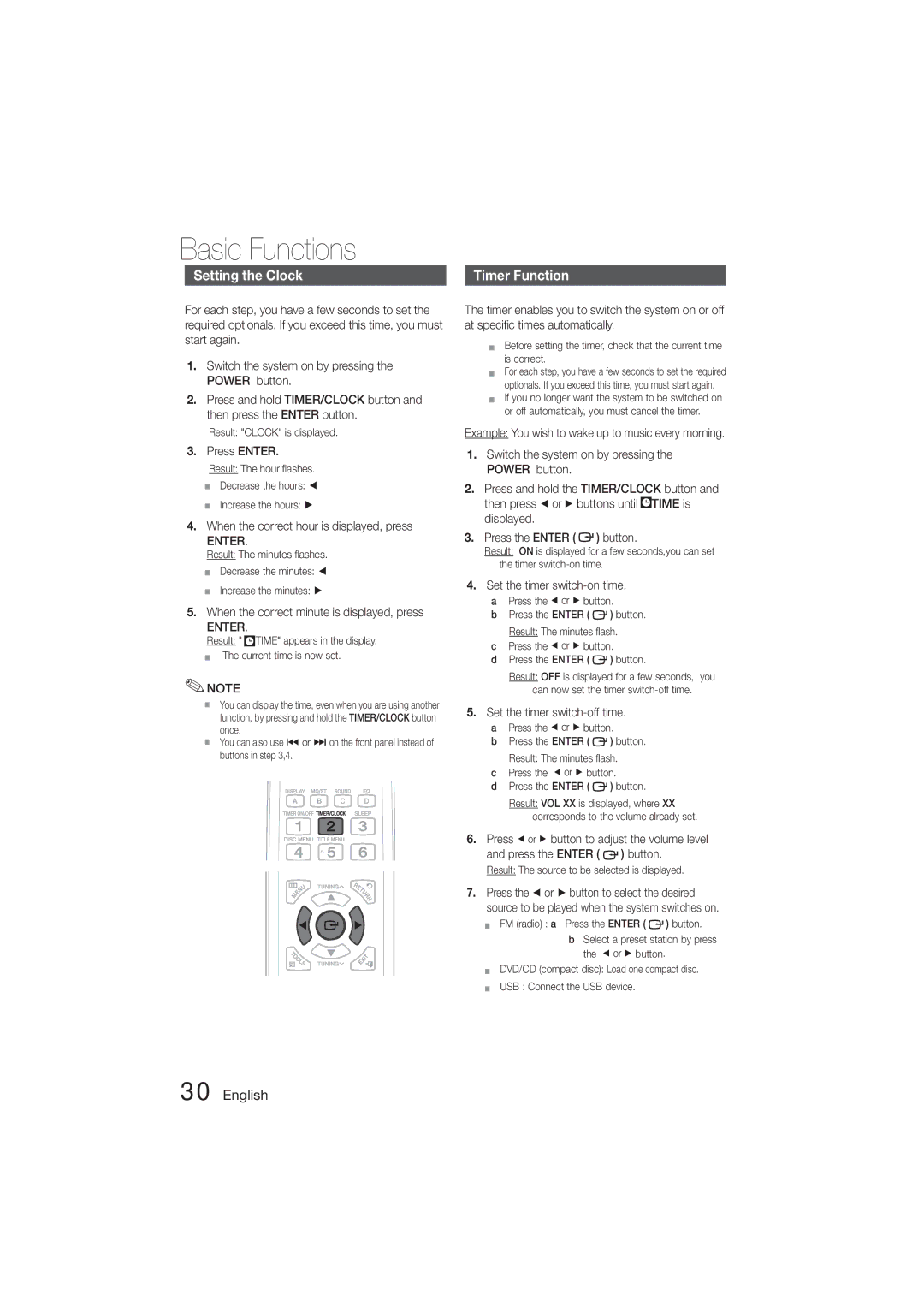 Samsung MM-D470D/ZF, MM-D470D/XN, MM-D470D/EN, MM-D470D/XE manual Setting the Clock, Timer Function, Enter 