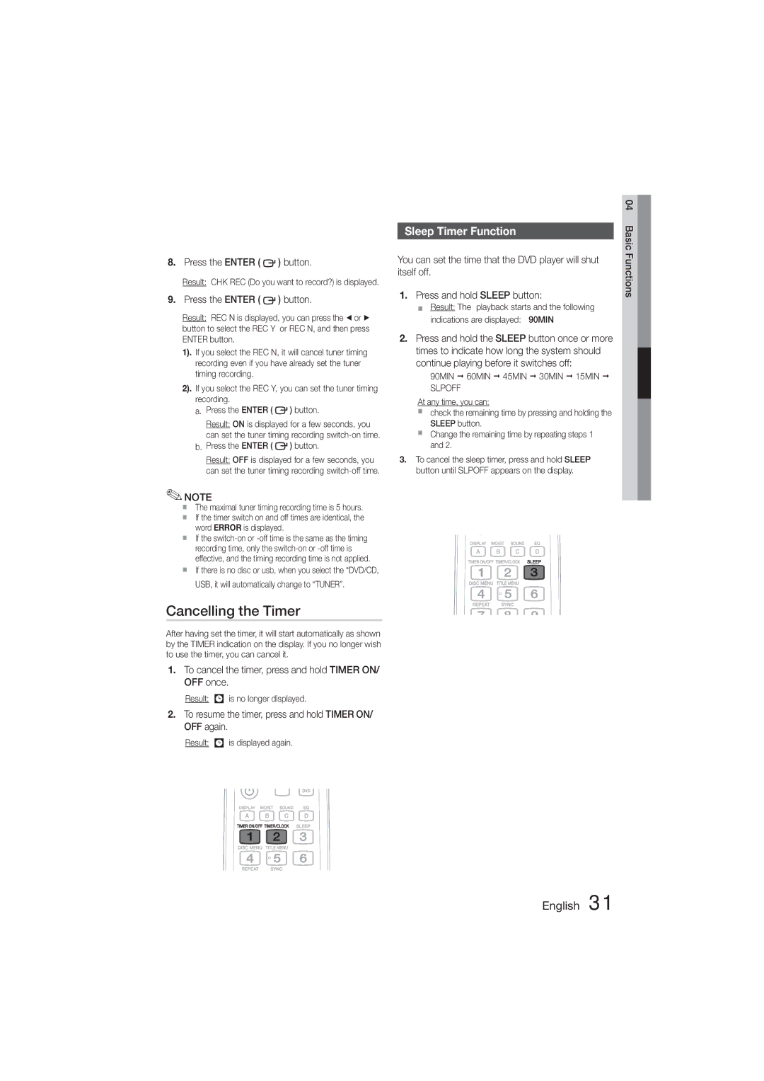 Samsung MM-D470D/XE Cancelling the Timer, Sleep Timer Function, To cancel the timer, press and hold Timer ON/ OFF once 