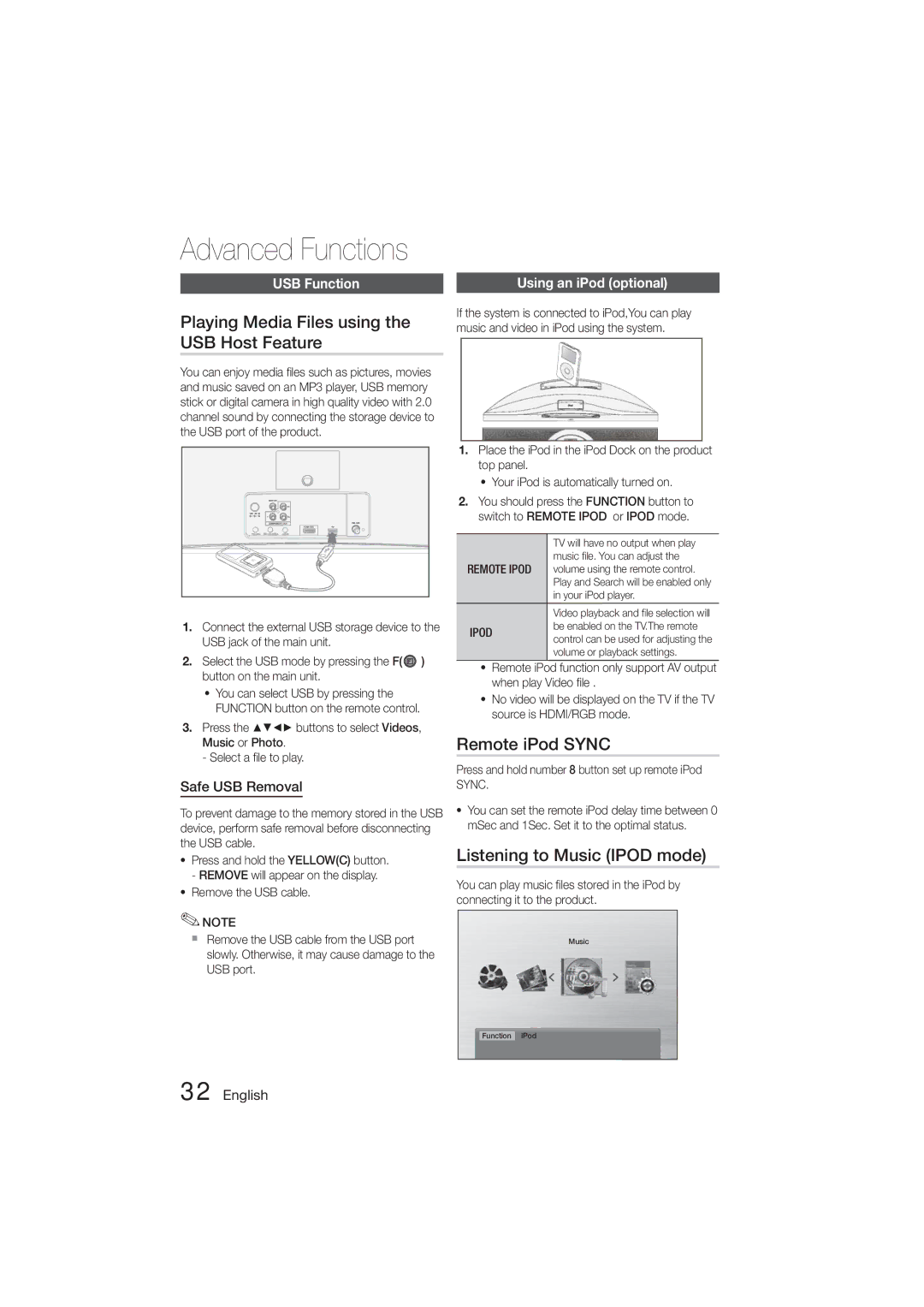 Samsung MM-D470D/XN, MM-D470D/EN manual Advanced Functions, Playing Media Files using the USB Host Feature, Remote iPod Sync 