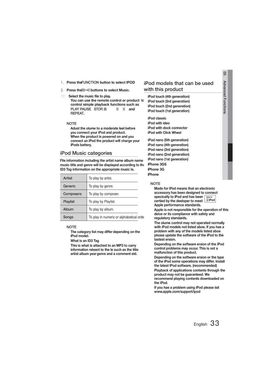 Samsung MM-D470D/EN, MM-D470D/XN, MM-D470D/ZF IPod Music categories, IPod models that can be used with this product, Repeat 