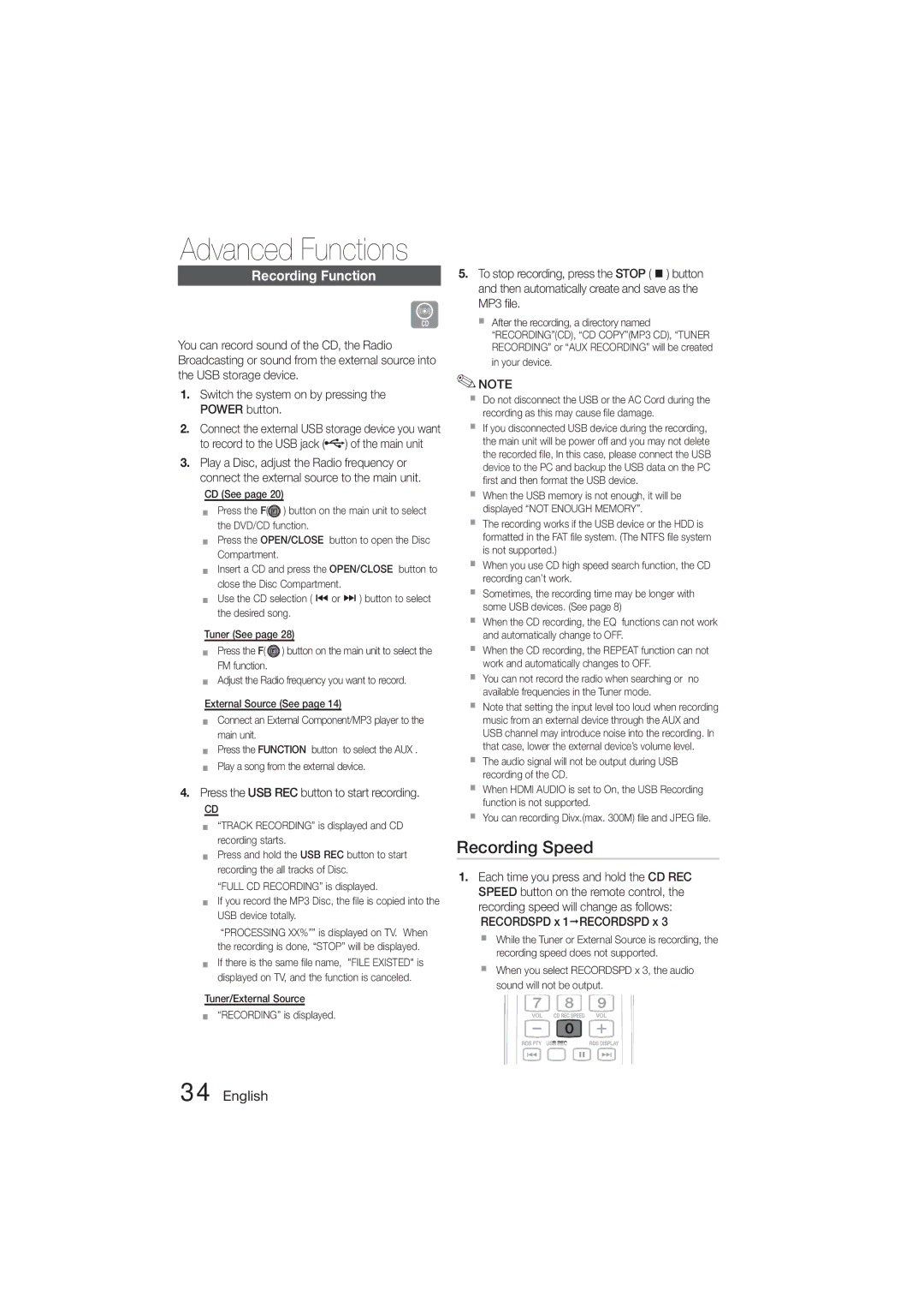 Samsung MM-D470D/ZF manual Recording Speed, Recording Function, Press the USB REC button to start recording, Your device 