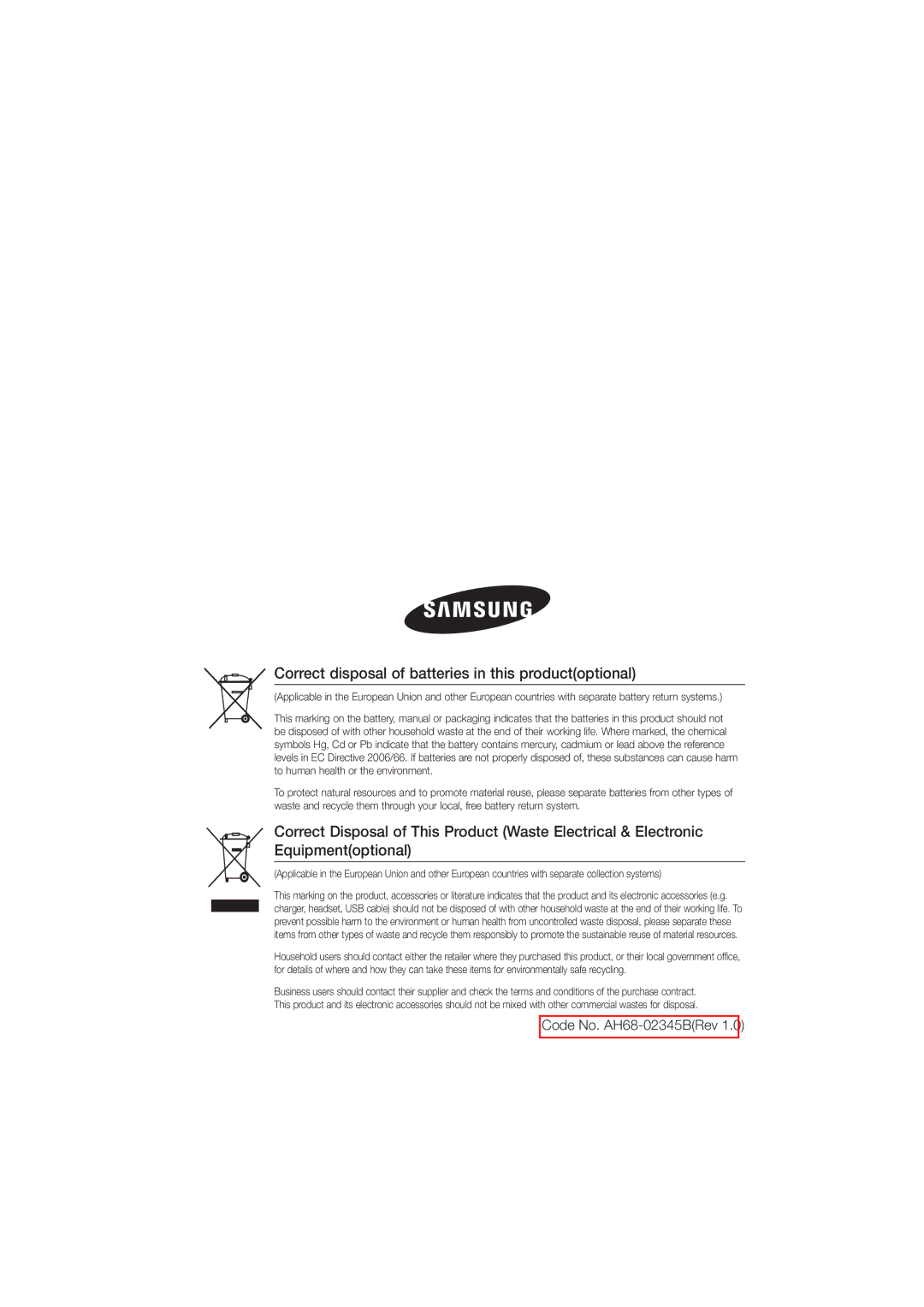 Samsung MM-D470D/XE, MM-D470D/XN manual Correct disposal of batteries in this productoptional, Code No. AH68-02345BRev 