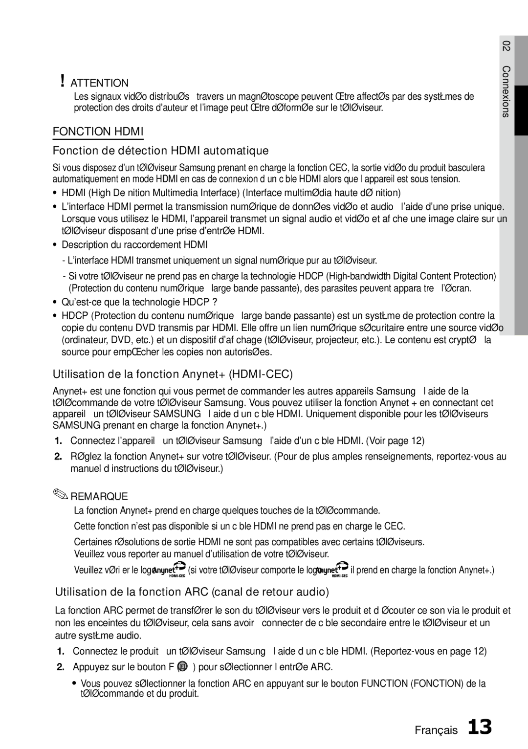 Samsung MM-D470D/ZF manual Fonction de détection Hdmi automatique, Utilisation de la fonction Anynet+ HDMI-CEC 