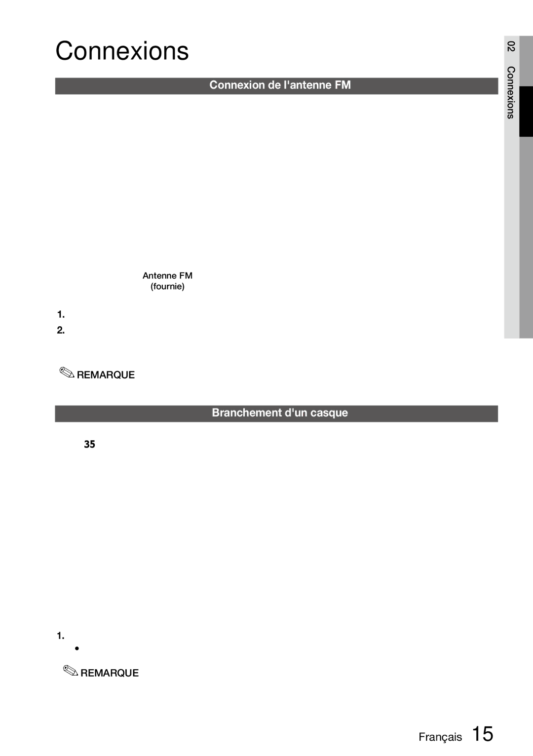 Samsung MM-D470D/ZF manual Connexion de lantenne FM, Branchement dun casque, Les haut-parleurs n’émettent plus de sons 