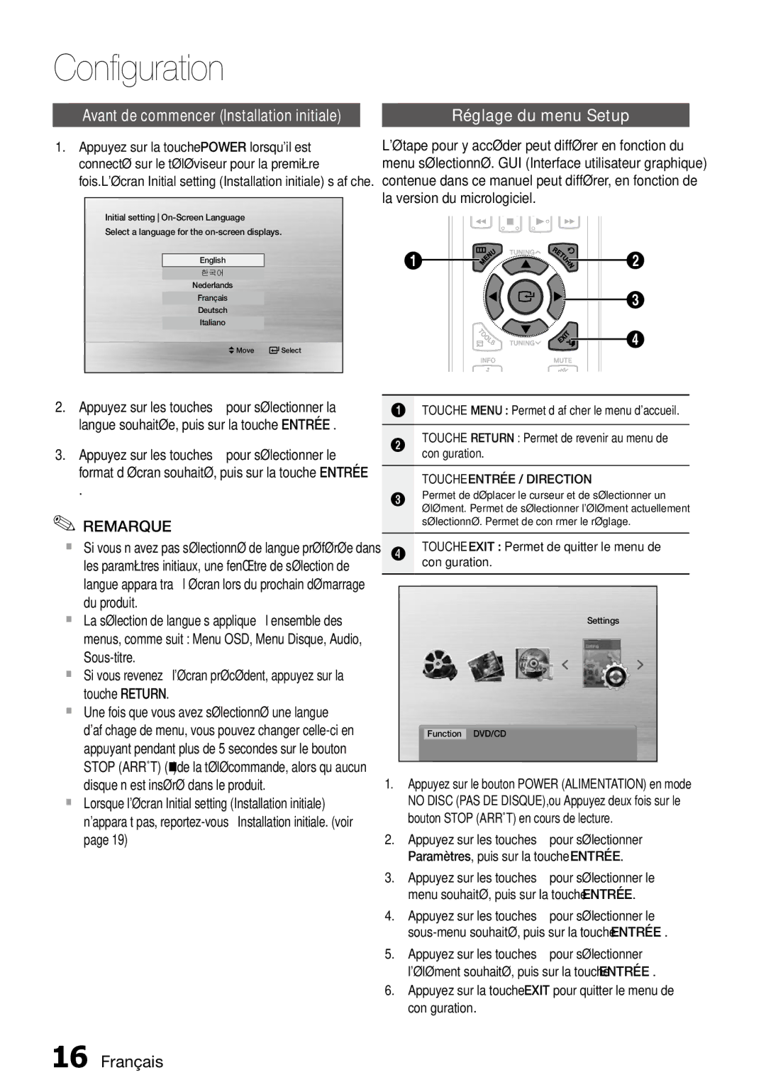 Samsung MM-D470D/ZF manual Configuration, Réglage du menu Setup, Touche Entrée / Direction 