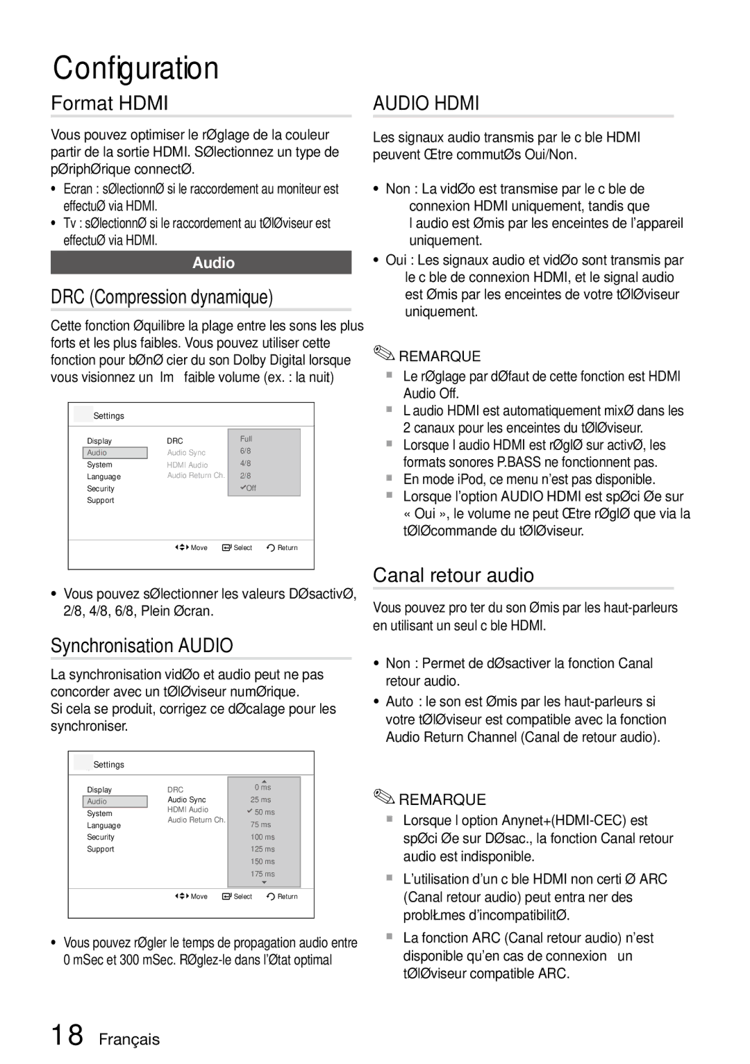 Samsung MM-D470D/ZF manual Format Hdmi, DRC Compression dynamique, Synchronisation Audio, Audio Hdmi, Canal retour audio 