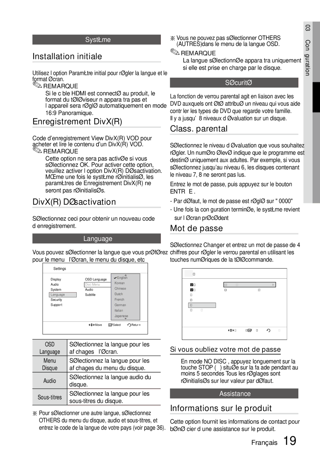 Samsung MM-D470D/ZF manual Class. parental, Mot de passe, Informations sur le produit, Sécurité, Assistance 