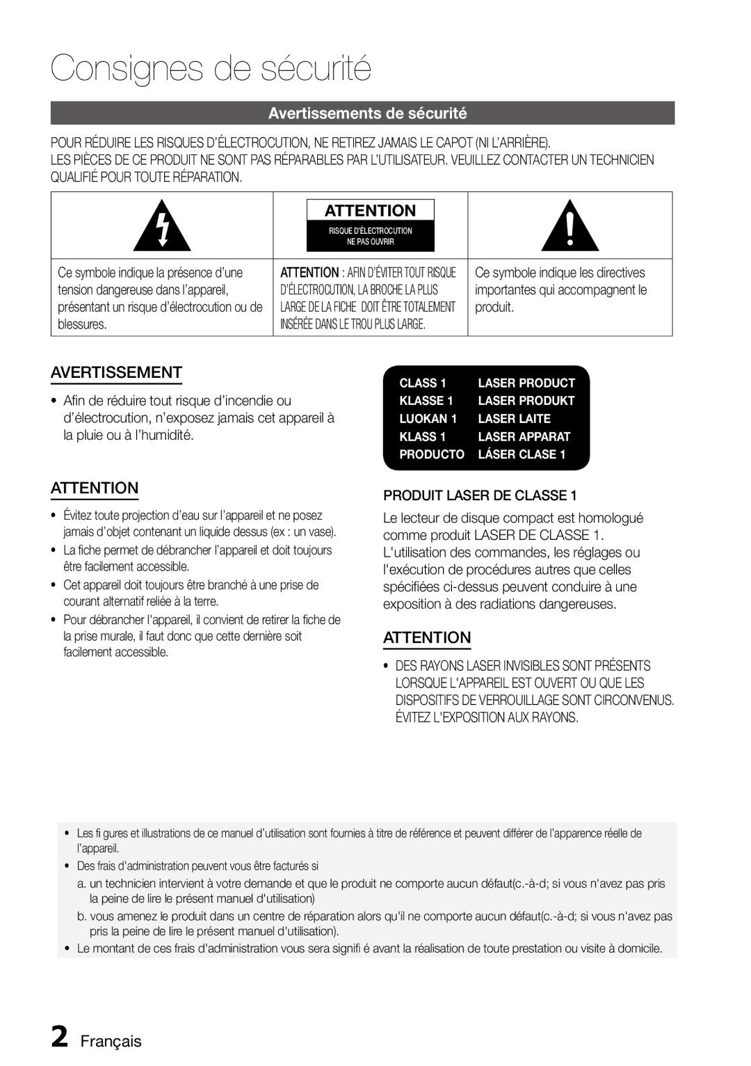 Samsung MM-D470D/ZF manual Consignes de sécurité, Avertissements de sécurité, Français, Produit, Blessures 