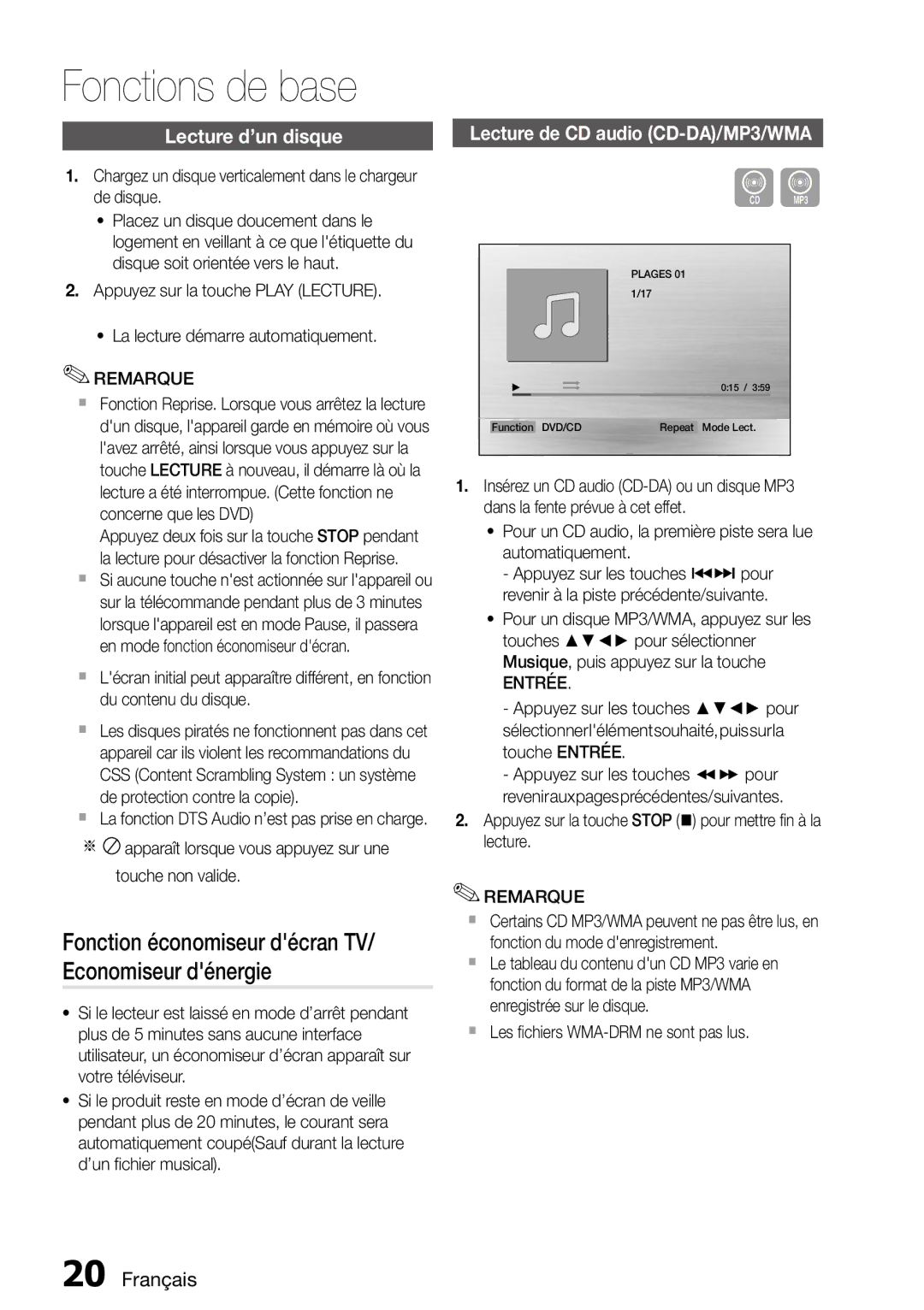 Samsung MM-D470D/ZF manual Fonctions de base, Lecture d’un disque, Lecture de CD audio CD-DA/MP3/WMA 