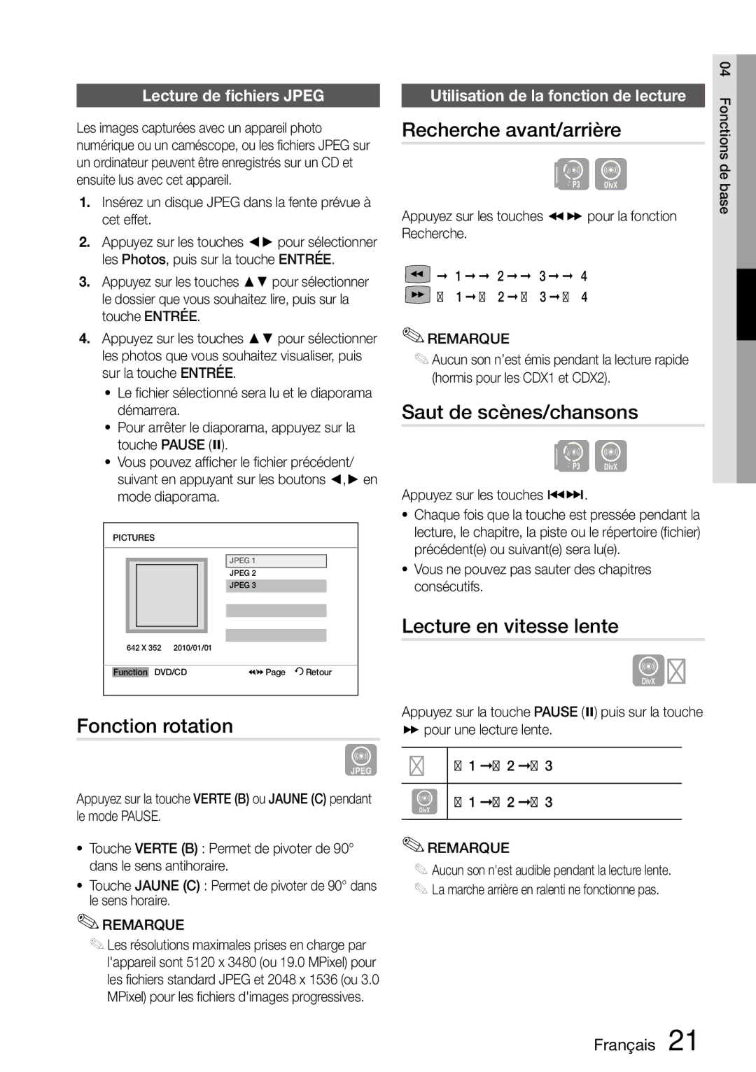 Samsung MM-D470D/ZF manual Fonction rotation, Recherche avant/arrière, Saut de scènes/chansons, Lecture en vitesse lente 