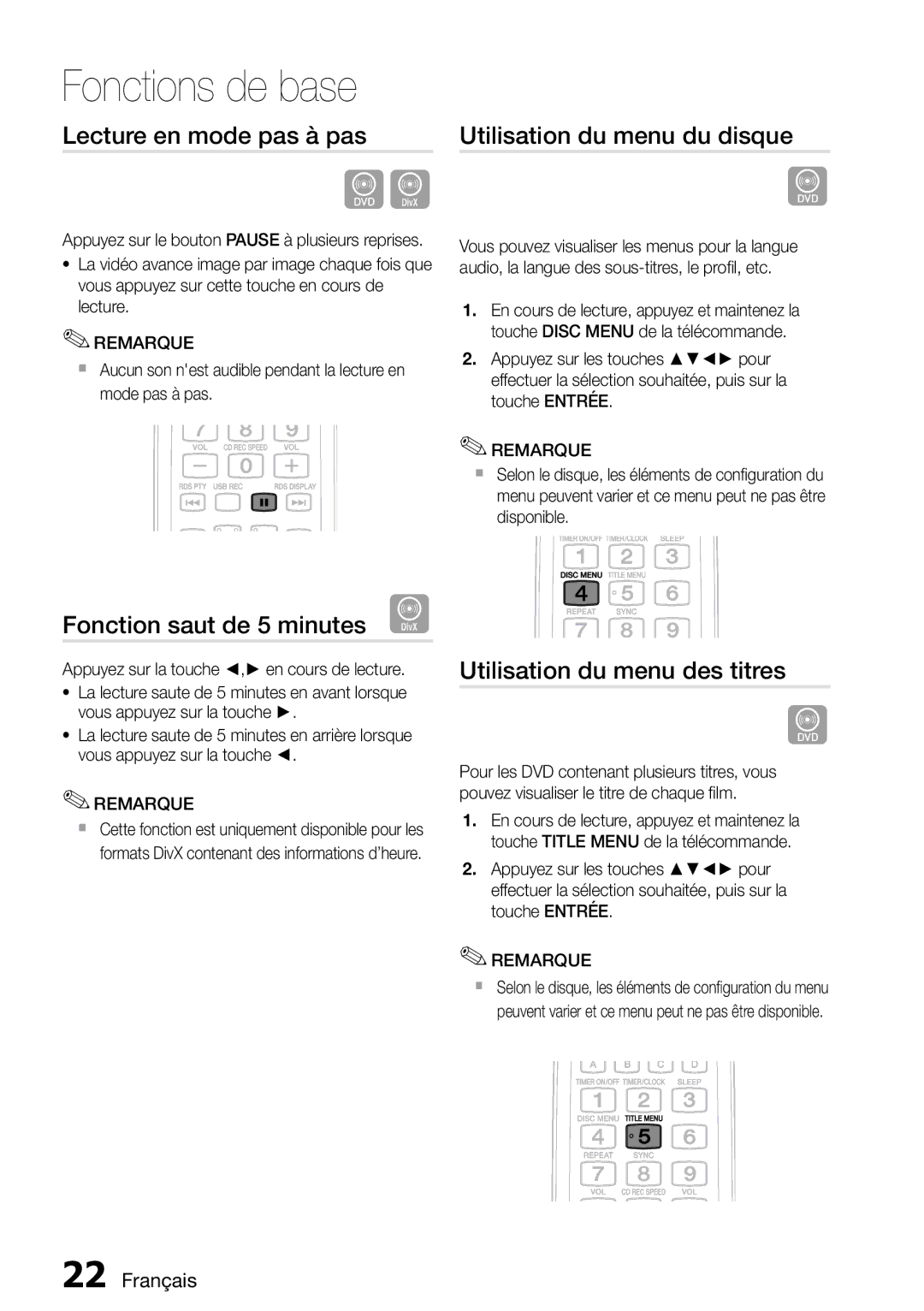 Samsung MM-D470D/ZF manual Lecture en mode pas à pas, Utilisation du menu du disque, Fonction saut de 5 minutes D 