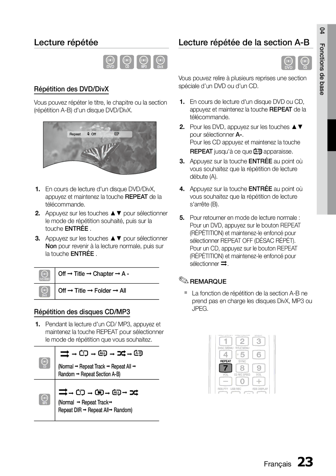 Samsung MM-D470D/ZF manual Lecture répétée de la section A-B, Répétition des DVD/DivX, Répétition des disques CD/MP3 