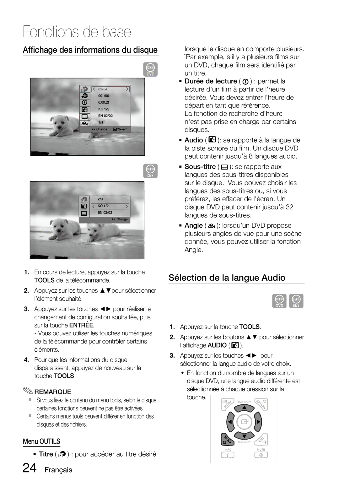 Samsung MM-D470D/ZF manual Affichage des informations du disque, Sélection de la langue Audio, Menu Outils 