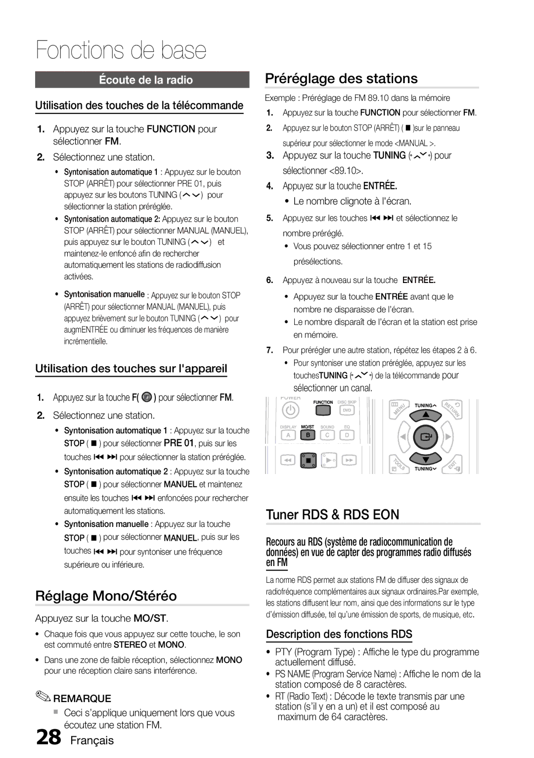 Samsung MM-D470D/ZF manual Réglage Mono/Stéréo, Préréglage des stations, Tuner RDS & RDS EON, Écoute de la radio 