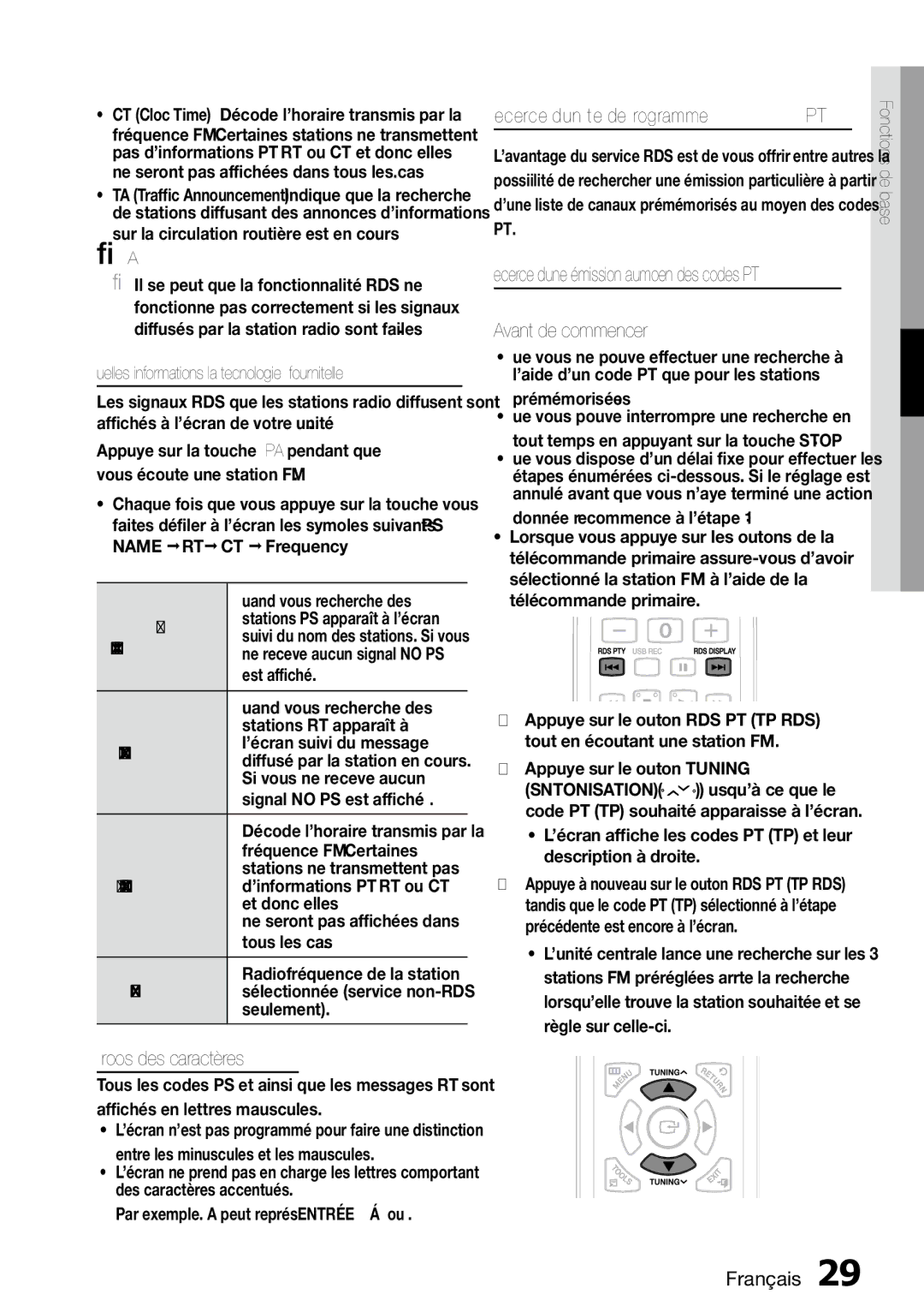 Samsung MM-D470D/ZF manual Propos des caractères, Recherche dun type de programme PTY, Avant de commencer 