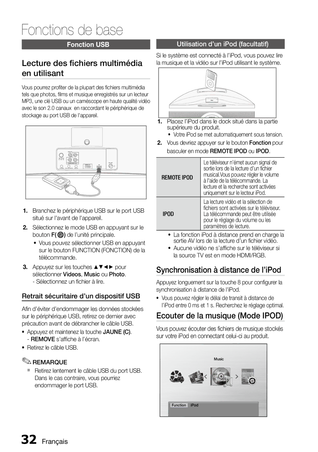 Samsung MM-D470D/ZF manual Lecture des fichiers multimédia en utilisant, Synchronisation à distance de l’iPod, Fonction USB 