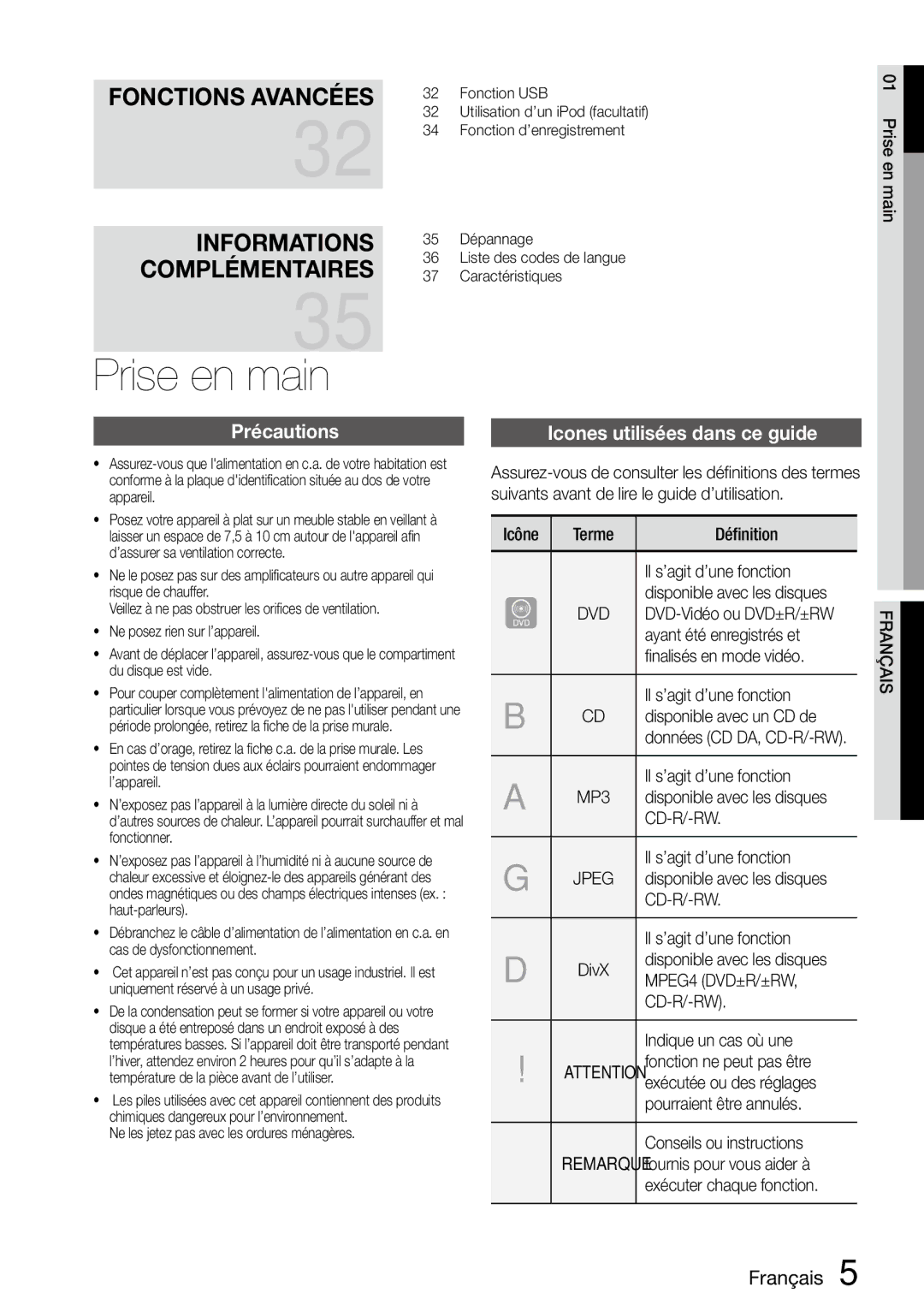 Samsung MM-D470D/ZF manual Prise en main, Icones utilisées dans ce guide 