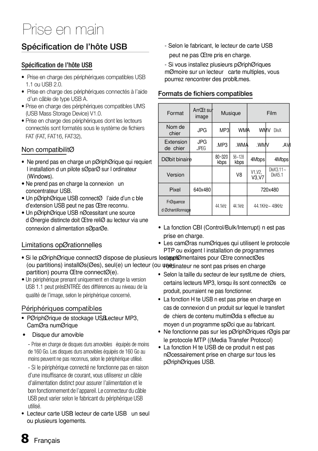 Samsung MM-D470D/ZF manual Spécification de l’hôte USB, Non compatibilité, Limitations opérationnelles 