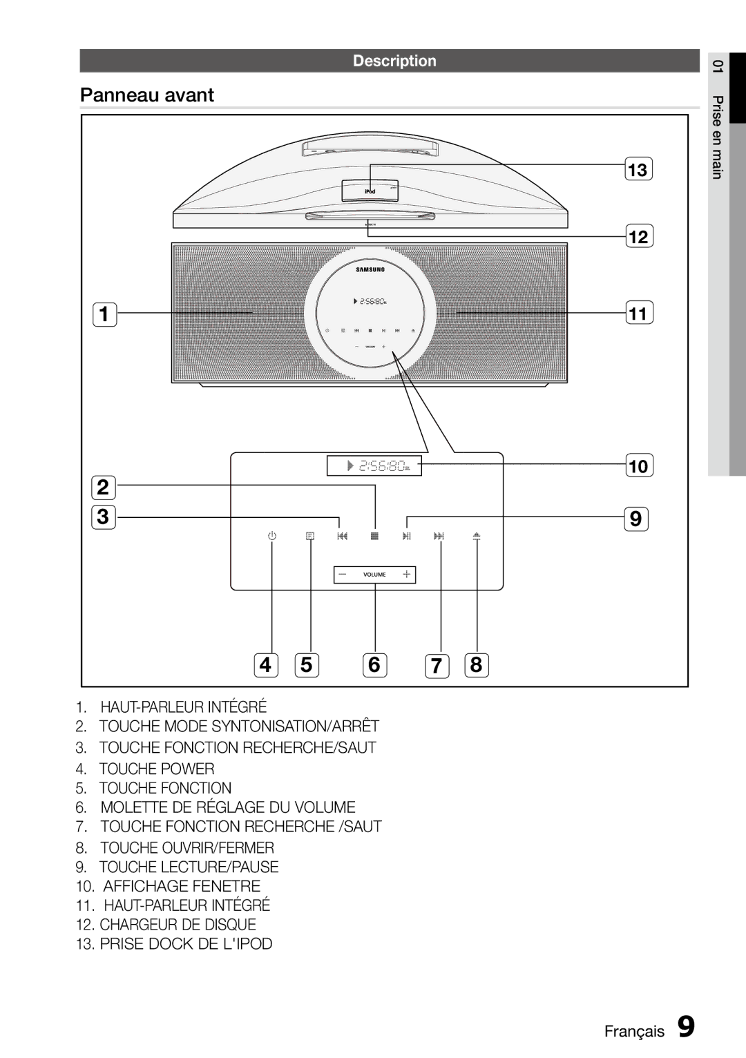 Samsung MM-D470D/ZF manual Panneau avant, Description, Prise dock de liPod Français 