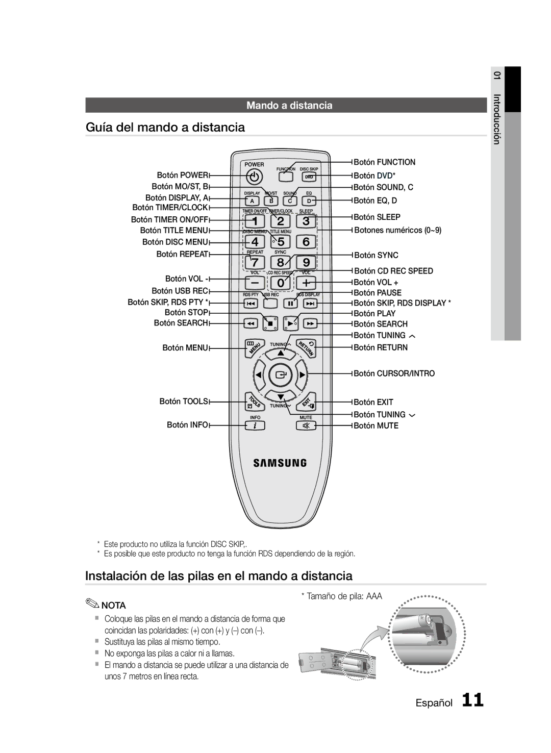 Samsung MM-D470D/ZF manual Guía del mando a distancia, Instalación de las pilas en el mando a distancia, Mando a distancia 