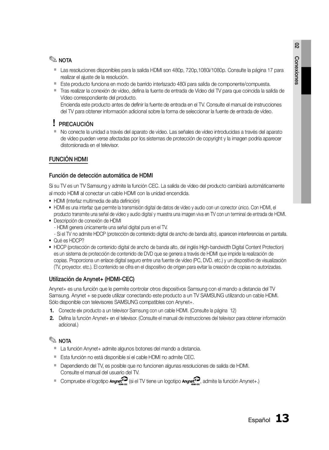 Samsung MM-D470D/ZF Función de detección automática de Hdmi, Utilización de Anynet+ HDMI-CEC, Precaución, Qué es HDCP? 