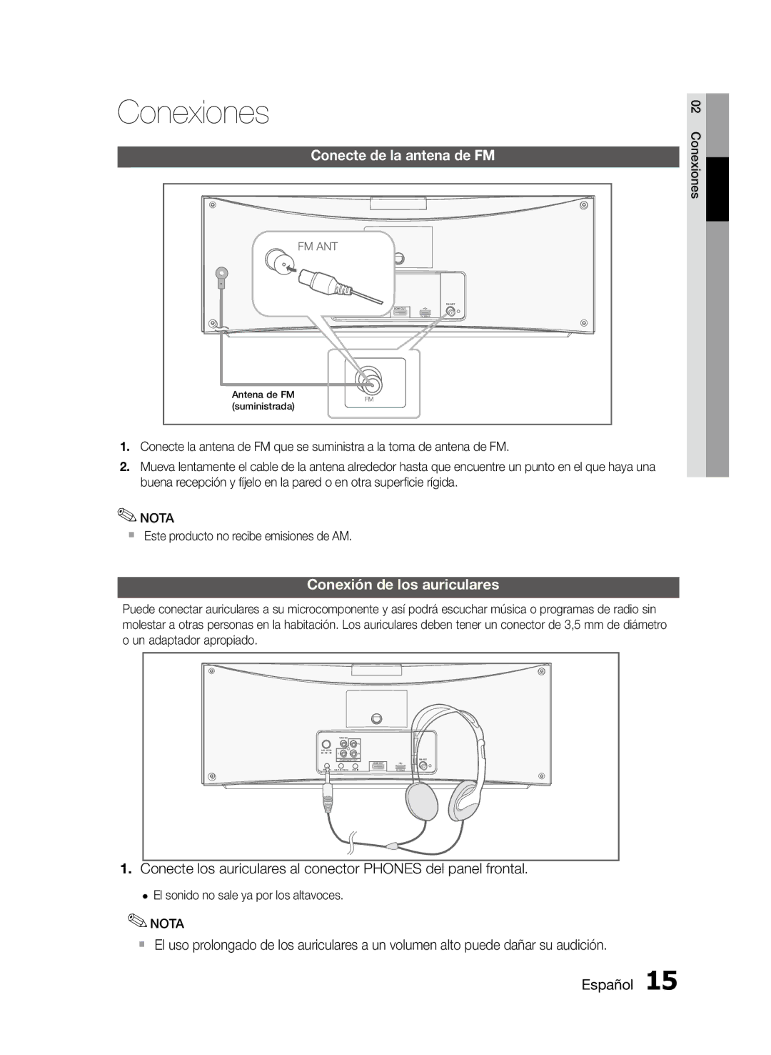 Samsung MM-D470D/ZF manual Conecte de la antena de FM, `` Este producto no recibe emisiones de AM 