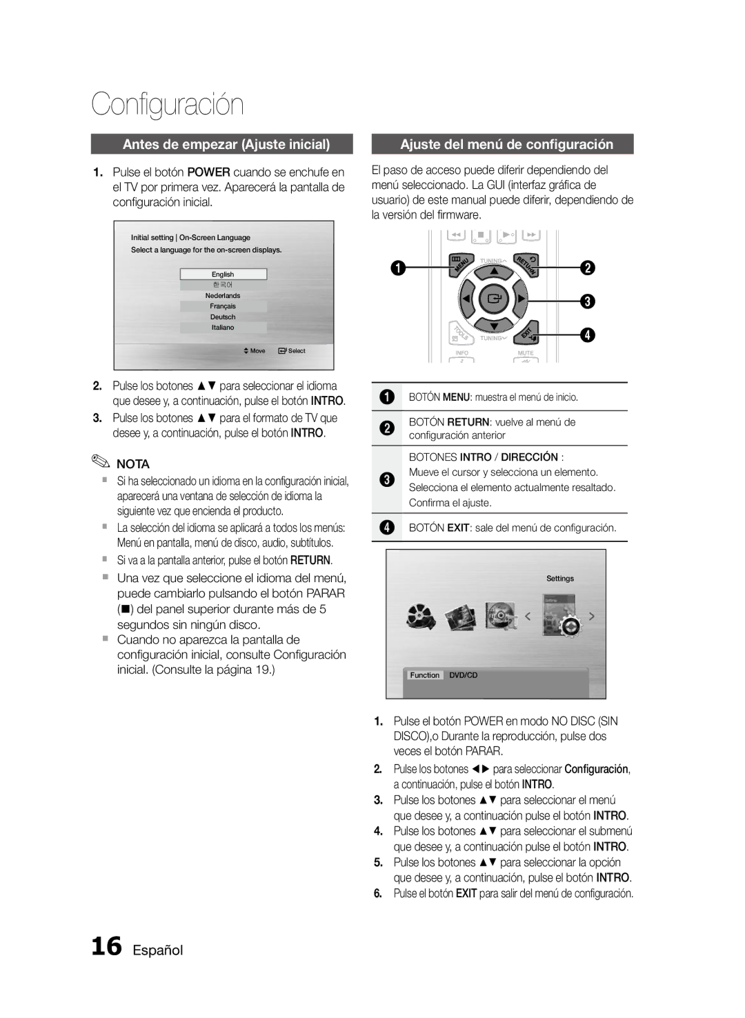 Samsung MM-D470D/ZF manual Configuración, Antes de empezar Ajuste inicial, Ajuste del menú de configuración 