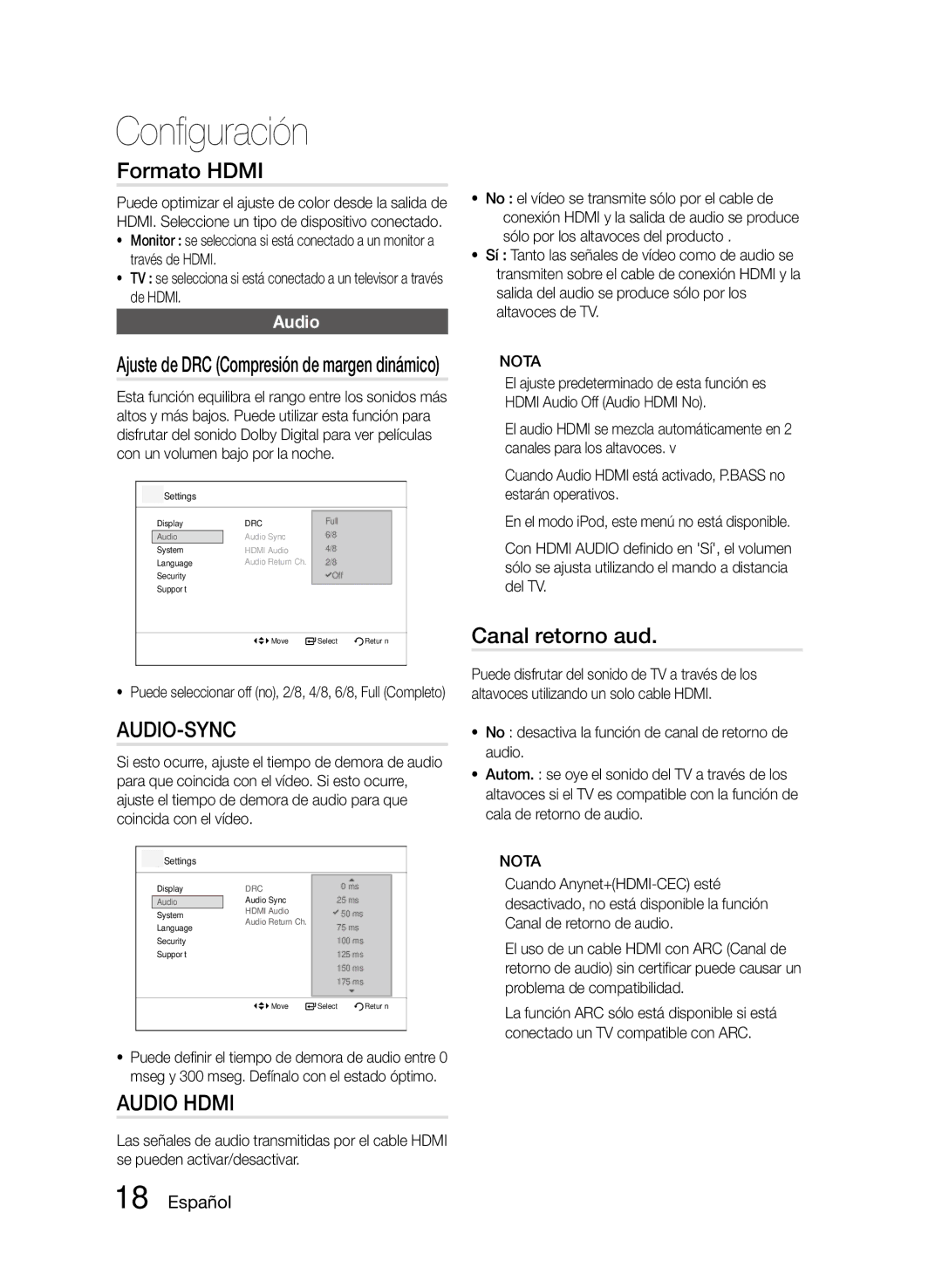 Samsung MM-D470D/ZF manual Formato Hdmi, Audio Hdmi, Canal retorno aud, Ajuste de DRC Compresión de margen dinámico 