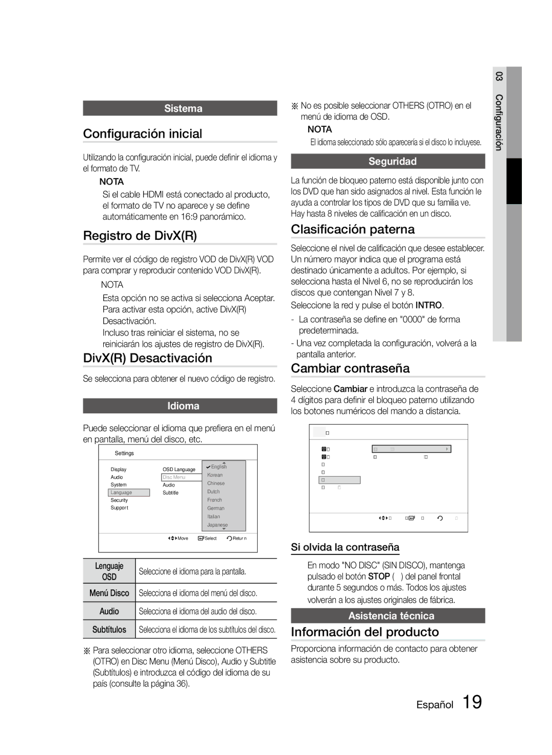 Samsung MM-D470D/ZF manual Configuración inicial, Registro de DivXR, DivXR Desactivación, Información del producto 