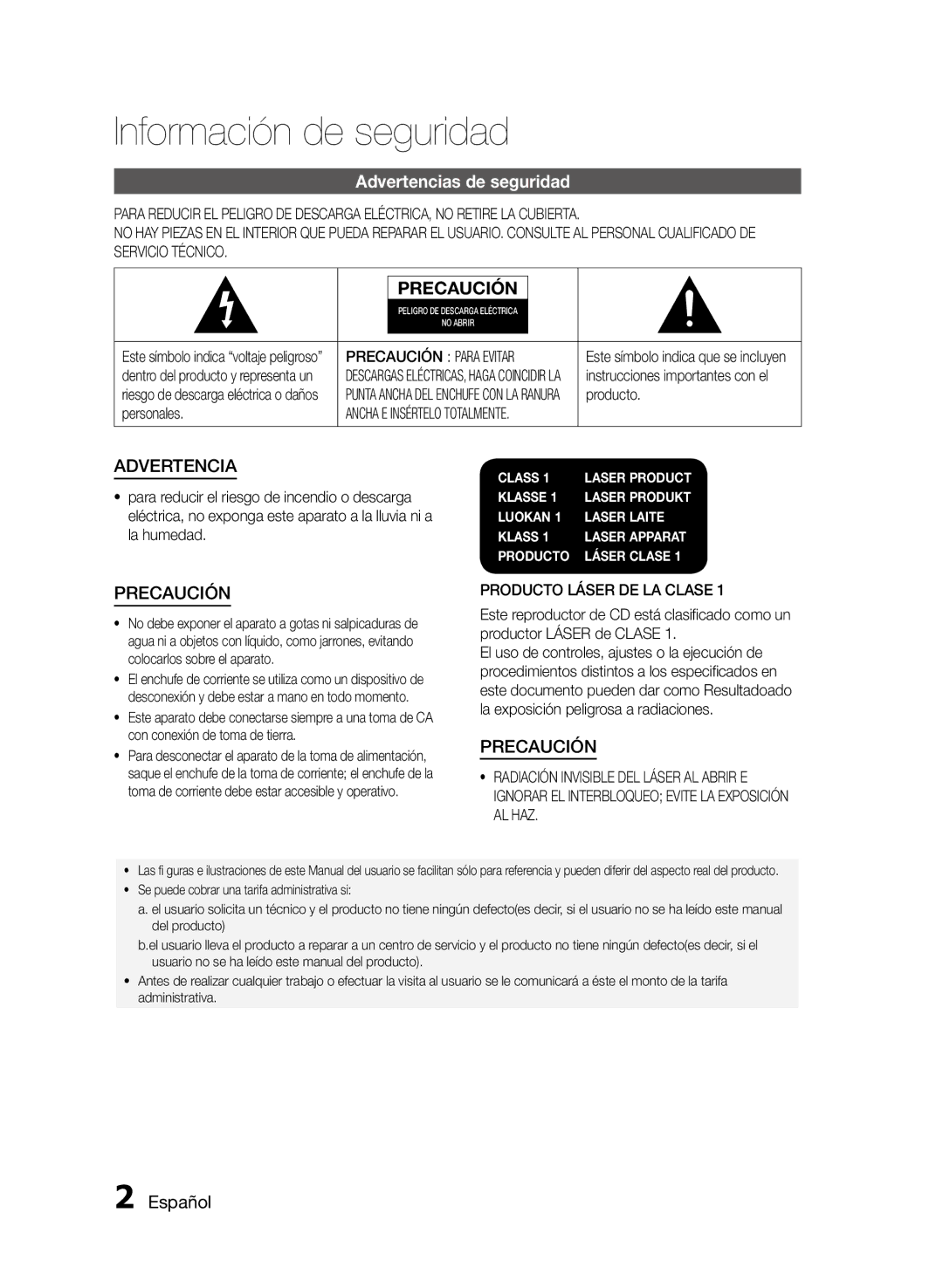 Samsung MM-D470D/ZF manual Información de seguridad, Advertencias de seguridad, Español, Precaución Para Evitar 