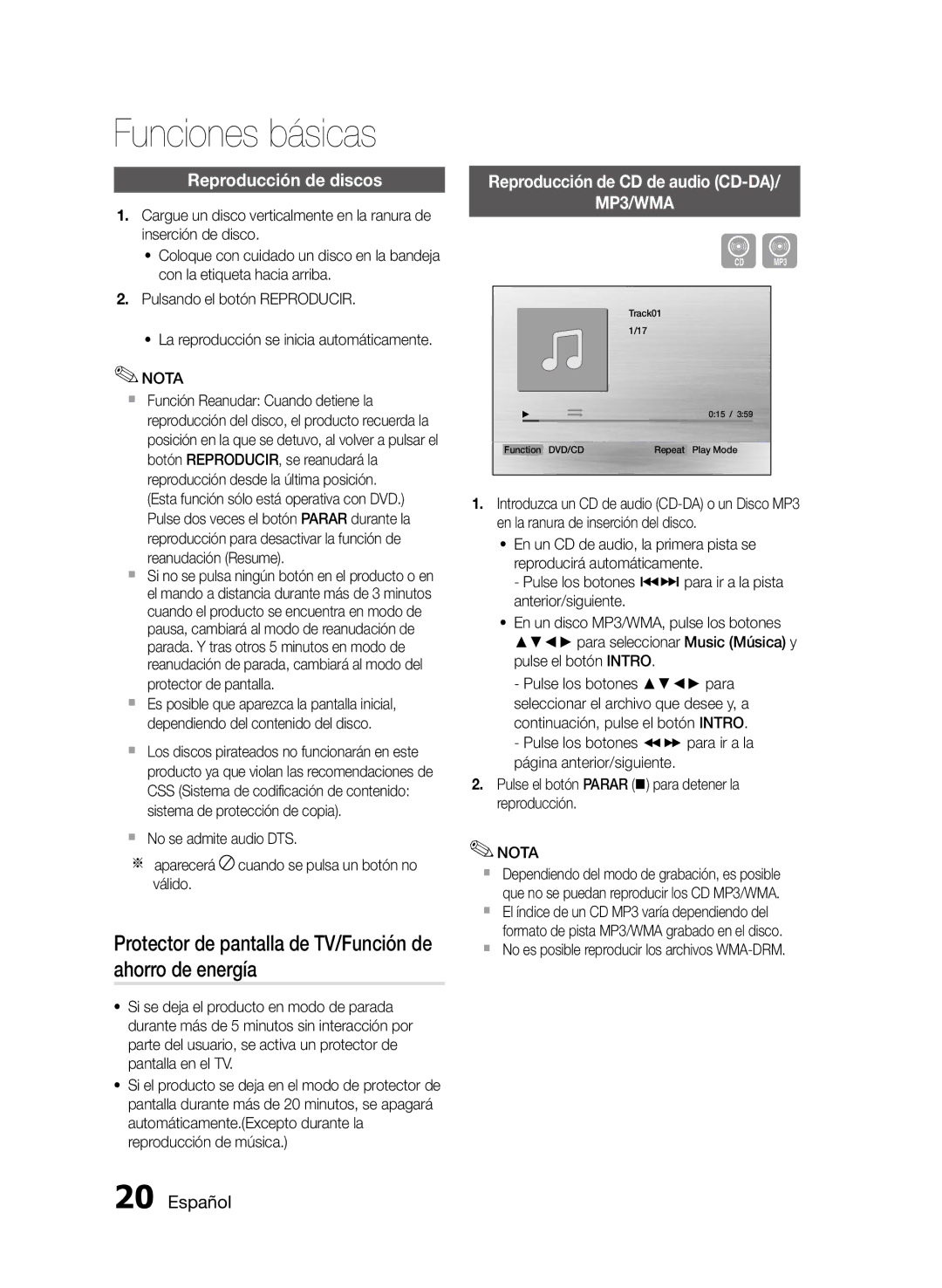 Samsung MM-D470D/ZF Funciones básicas, Protector de pantalla de TV/Función de ahorro de energía, Reproducción de discos 