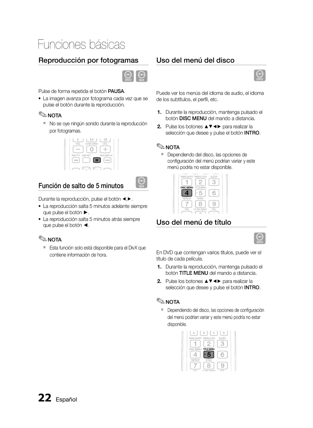 Samsung MM-D470D/ZF manual Reproducción por fotogramas, Uso del menú del disco, Función de salto de 5 minutos 