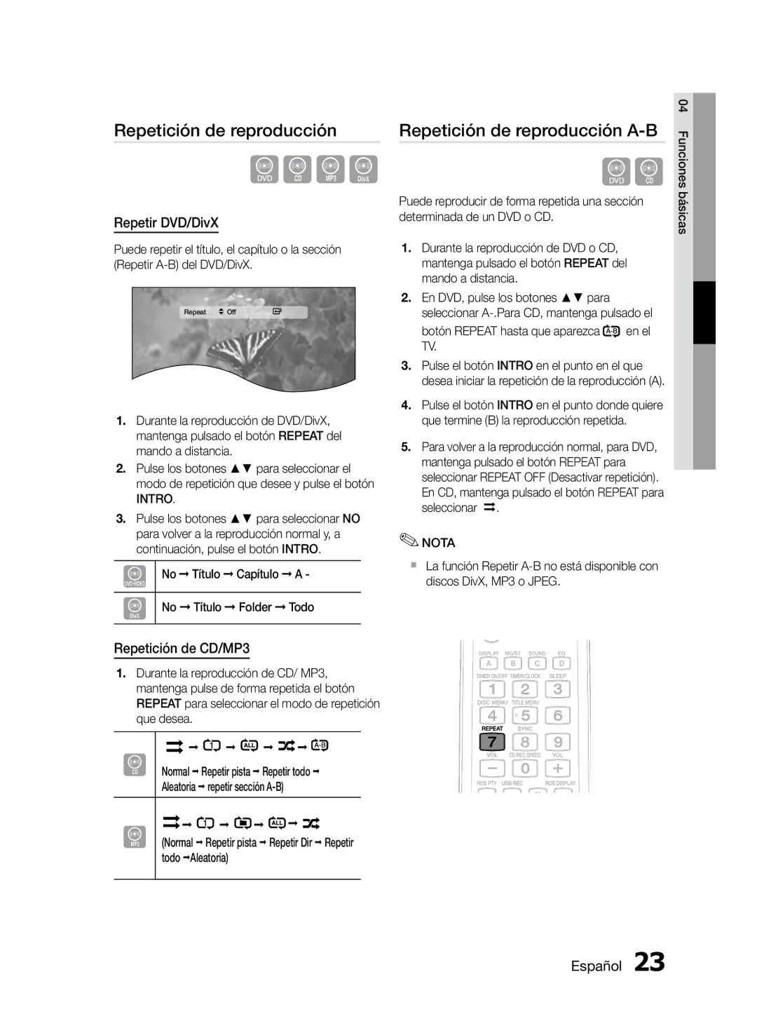 Samsung MM-D470D/ZF manual Repetición de reproducción A-B, Repetir DVD/DivX, Repetición de CD/MP3 