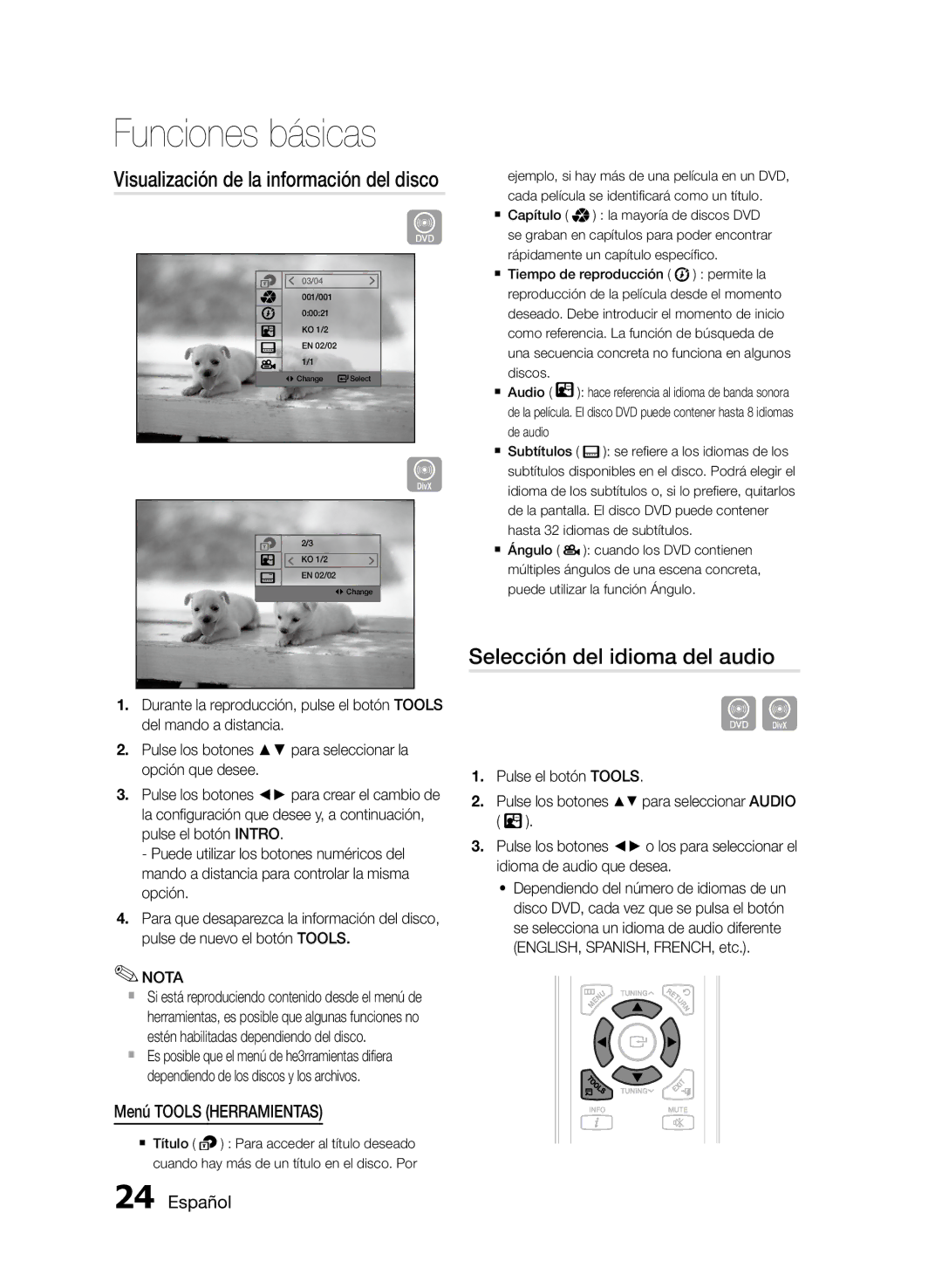 Samsung MM-D470D/ZF Selección del idioma del audio, Visualización de la información del disco, Menú Tools Herramientas 