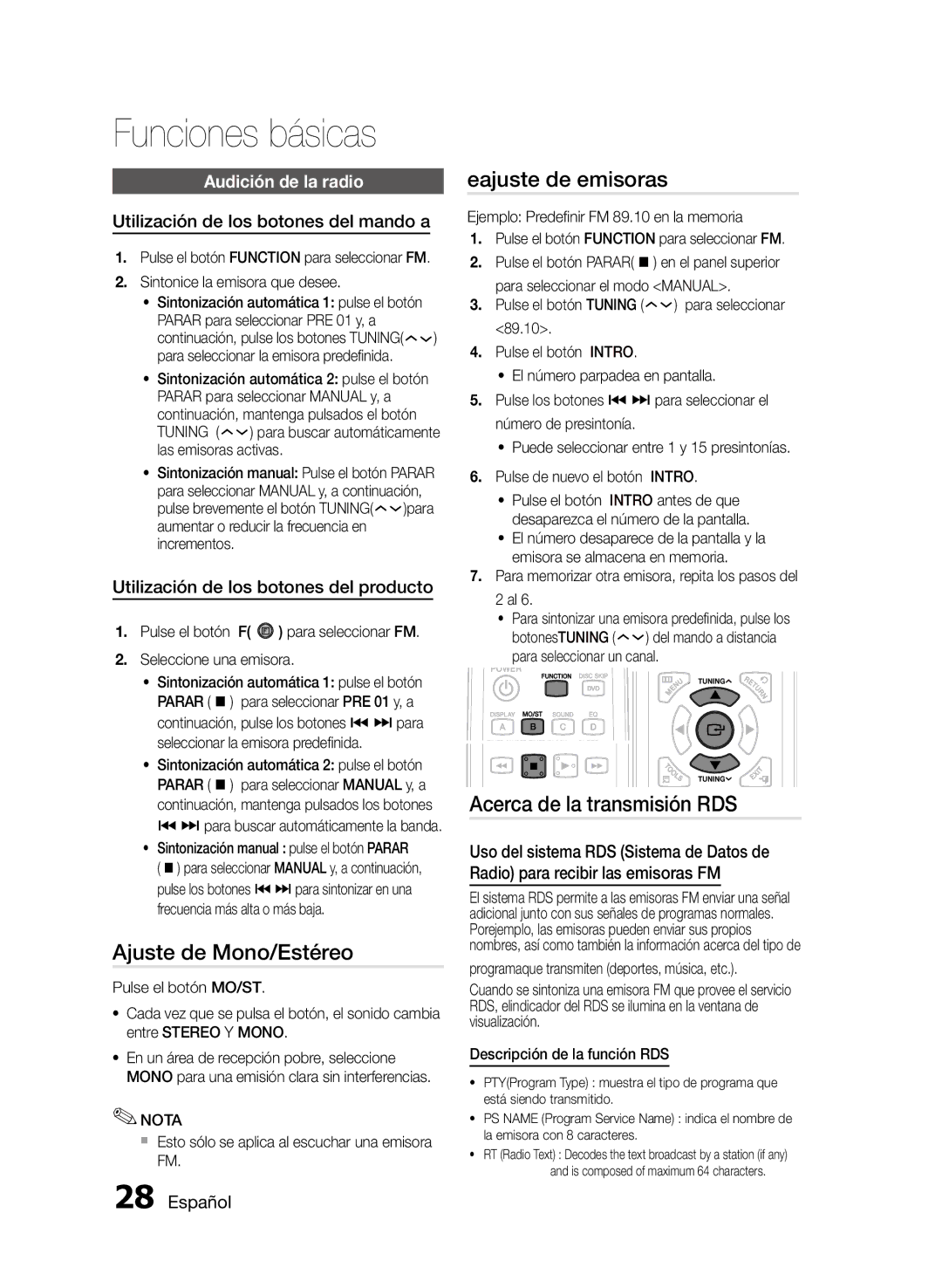 Samsung MM-D470D/ZF manual Ajuste de Mono/Estéreo, Eajuste de emisoras, Acerca de la transmisión RDS, Audición de la radio 