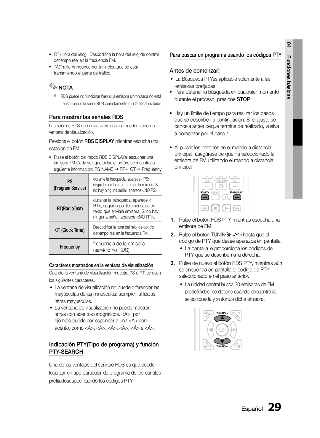 Samsung MM-D470D/ZF manual Para mostrar las señales RDS, Indicación PTYTipo de programa y función, Antes de comenzar 