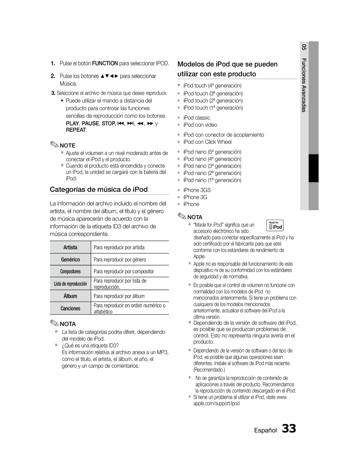 Samsung MM-D470D/ZF manual Categorías de música de iPod, Modelos de iPod que se pueden utilizar con este producto, Repeat 