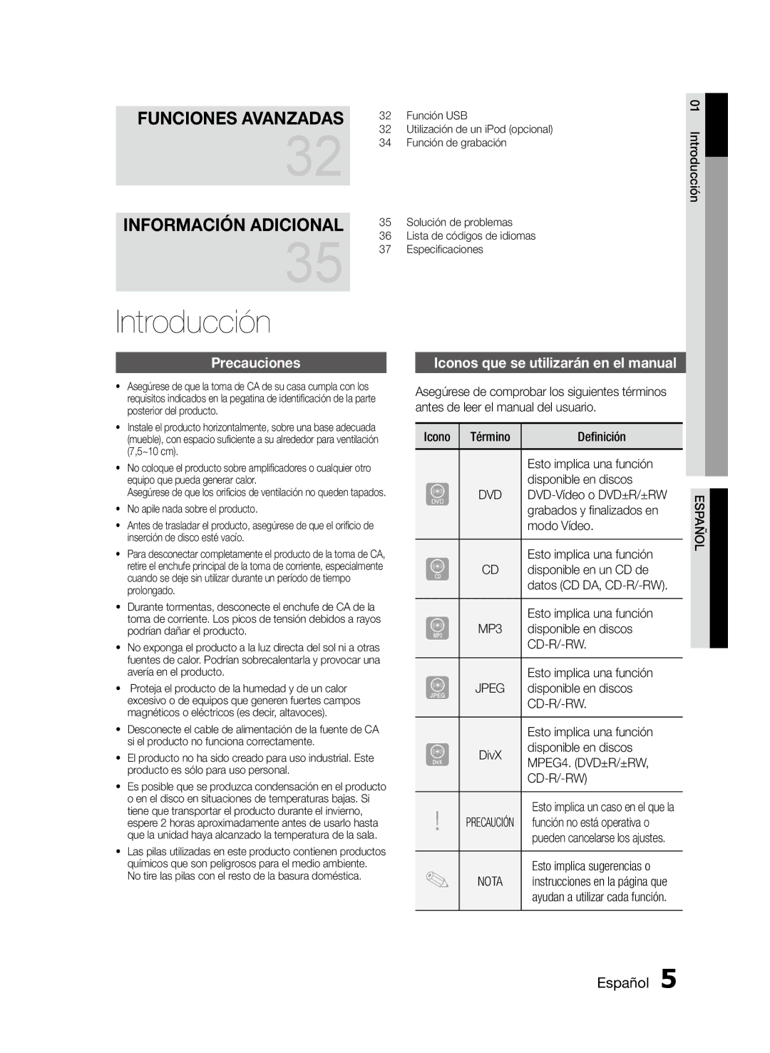 Samsung MM-D470D/ZF Introducción, Precauciones, Iconos que se utilizarán en el manual 