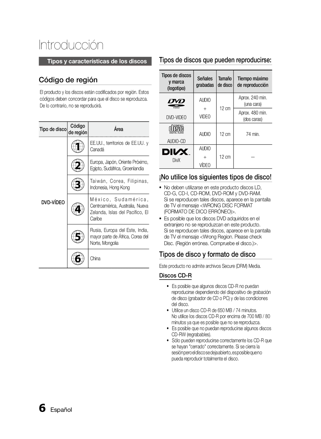 Samsung MM-D470D/ZF Código de región, Tipos de discos que pueden reproducirse, ¡No utilice los siguientes tipos de disco 