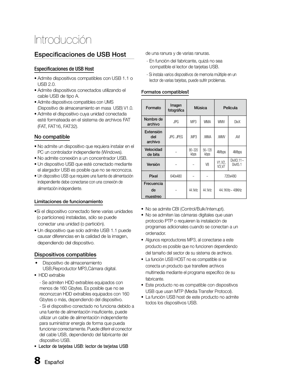 Samsung MM-D470D/ZF manual Especificaciones de USB Host, No compatible, Dispositivos compatibles 