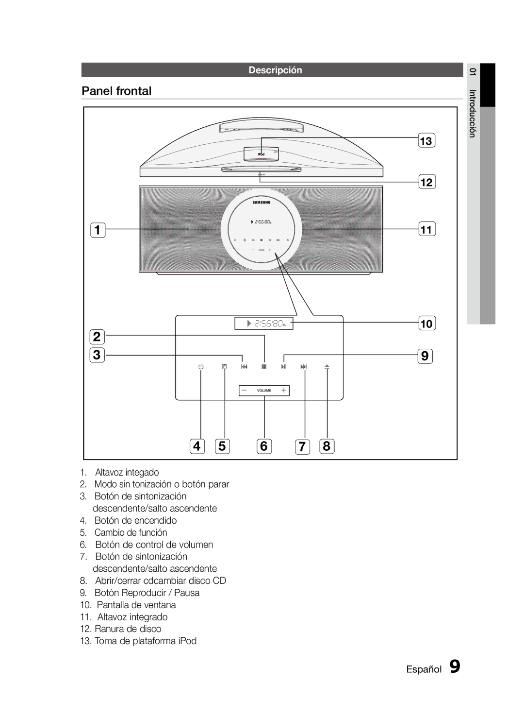 Samsung MM-D470D/ZF manual Panel frontal, Descripción, Altavoz integado Modo sin tonización o botón parar 