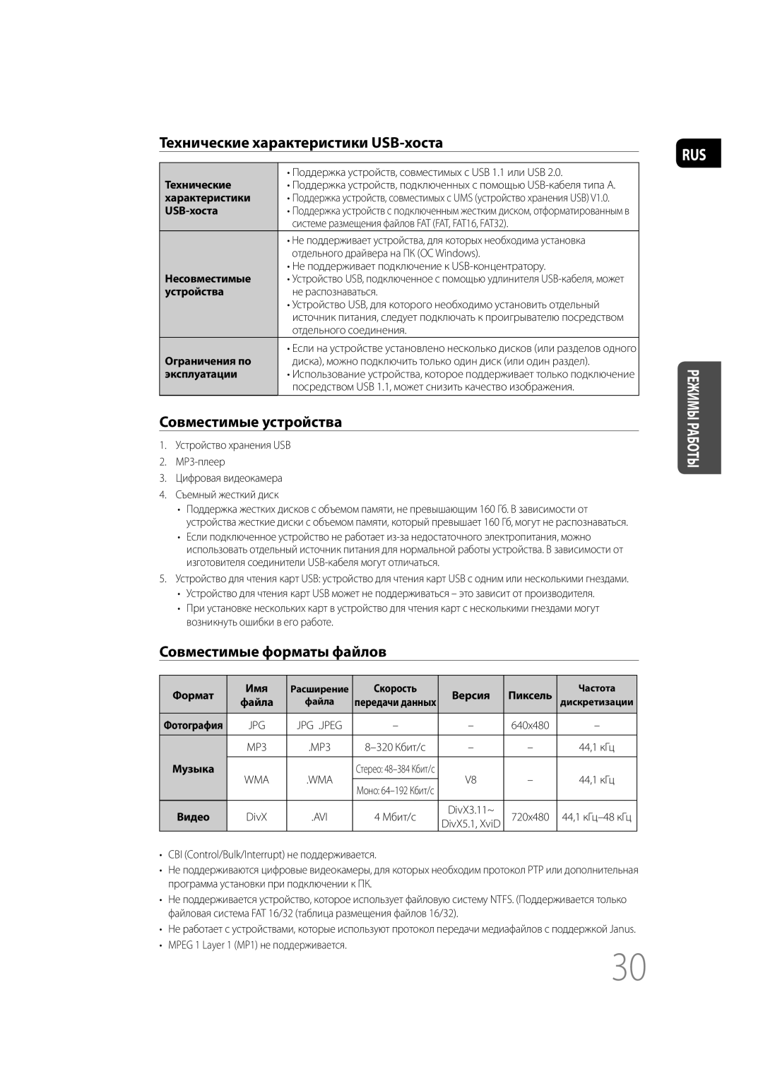 Samsung MM-D430D/RU Поддержка устройств, совместимых с USB 1.1 или USB, Системе размещения файлов FAT FAT, FAT16, FAT32 