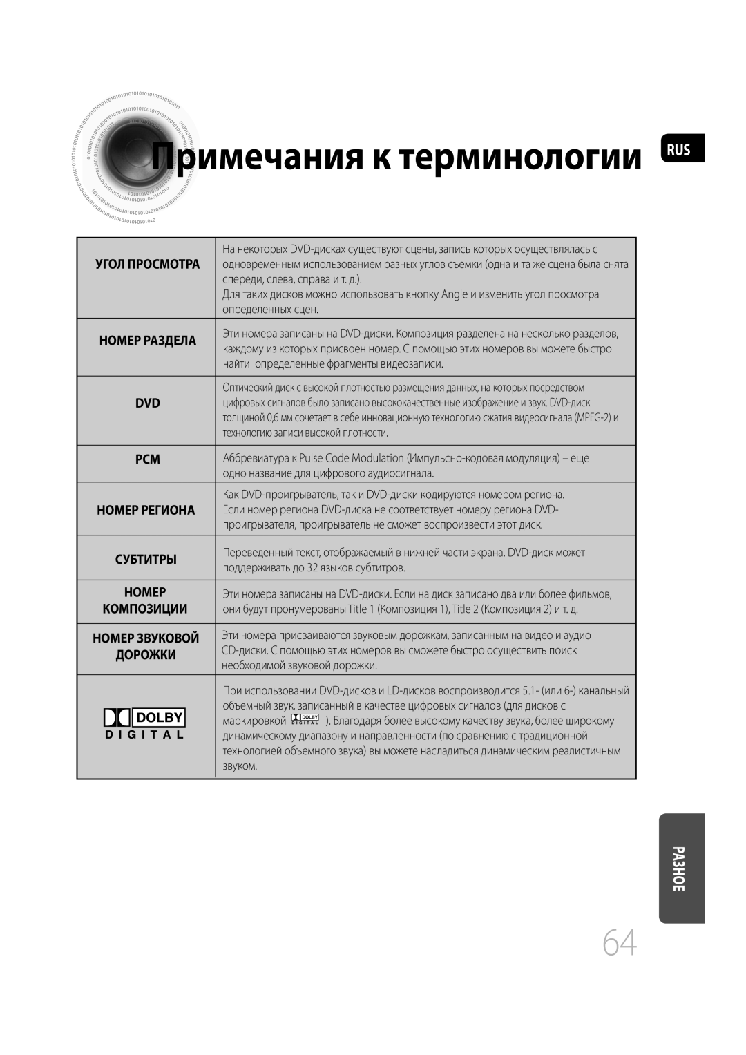 Samsung MM-D430D/RU, MM-D530D/RU manual Примечания к терминологии RUS 