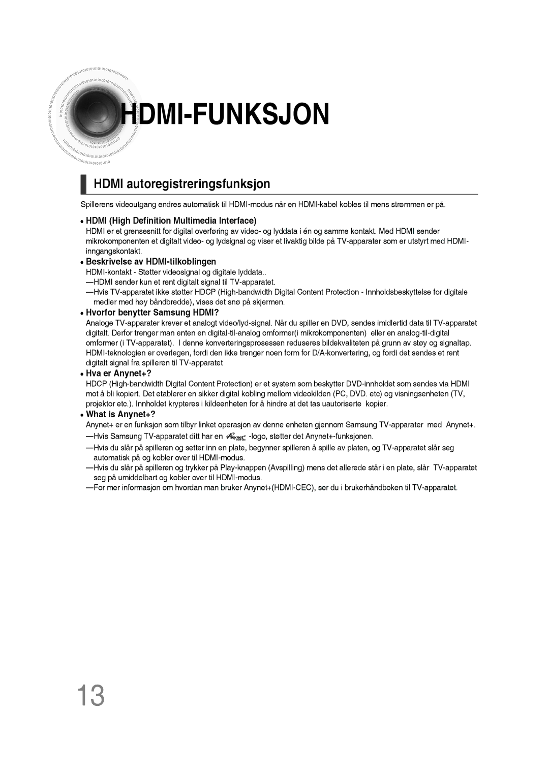 Samsung MM-D430D/XE, MM-D530D/XE manual Hdmi -FUNKSJON, Hdmi autoregistreringsfunksjon 