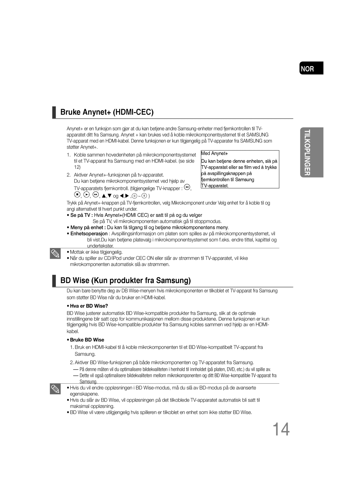 Samsung MM-D530D/XE, MM-D430D/XE manual Bruke Anynet+ HDMI-CEC, BD Wise Kun produkter fra Samsung 