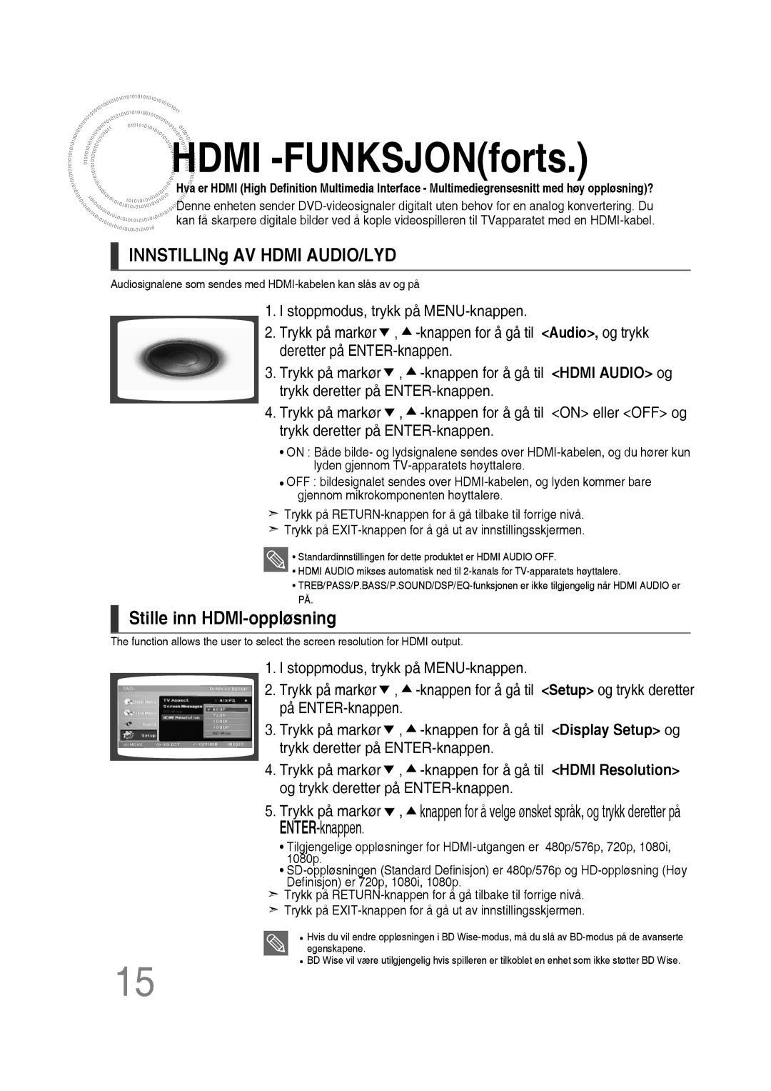 Samsung MM-D430D/XE, MM-D530D/XE manual Hdmi -FUNKSJONforts, INNSTILLINg AV Hdmi AUDIO/LYD, Stille inn HDMI-oppløsning 