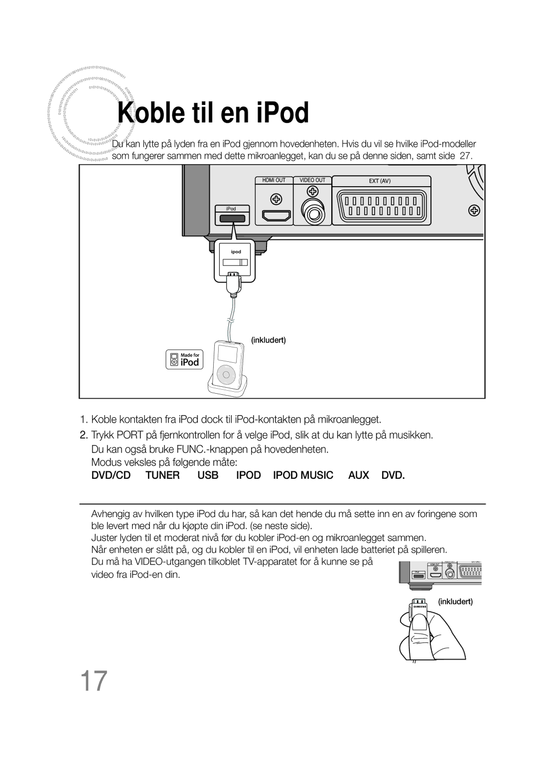 Samsung MM-D430D/XE, MM-D530D/XE manual Koble til en iPod, DVD/CD Tuner USB Ipod Ipod Music AUX DVD 