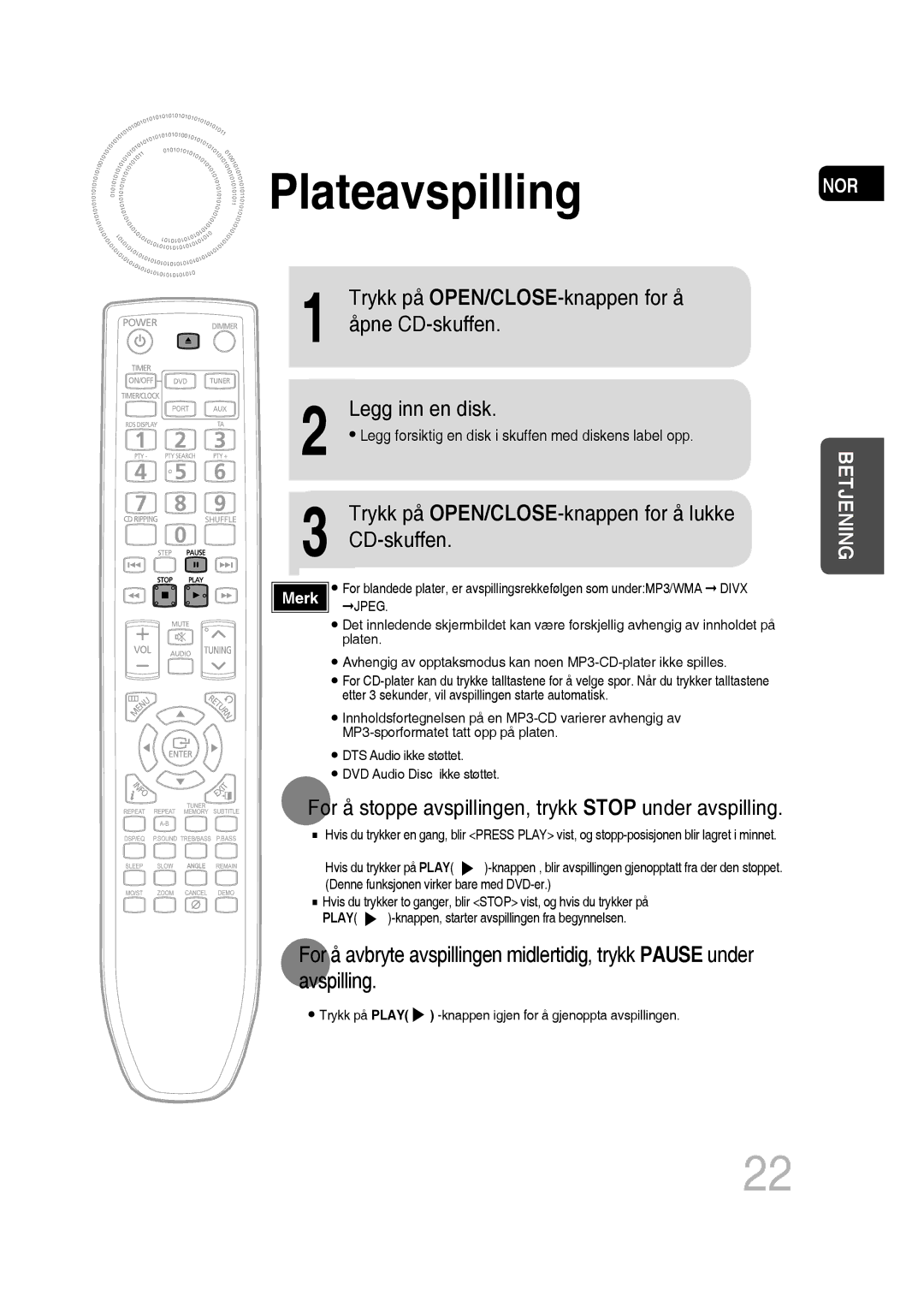 Samsung MM-D530D/XE, MM-D430D/XE manual Plateavspilling 