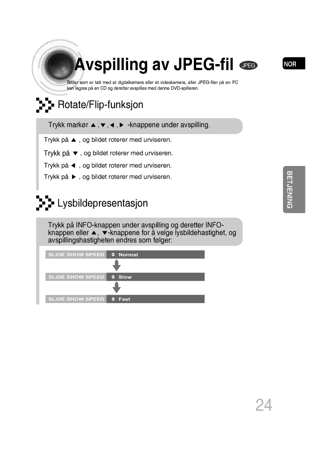 Samsung MM-D530D/XE, MM-D430D/XE manual Avspilling av JPEG-fil Jpeg, Trykk markør , , , -knappene under avspilling 