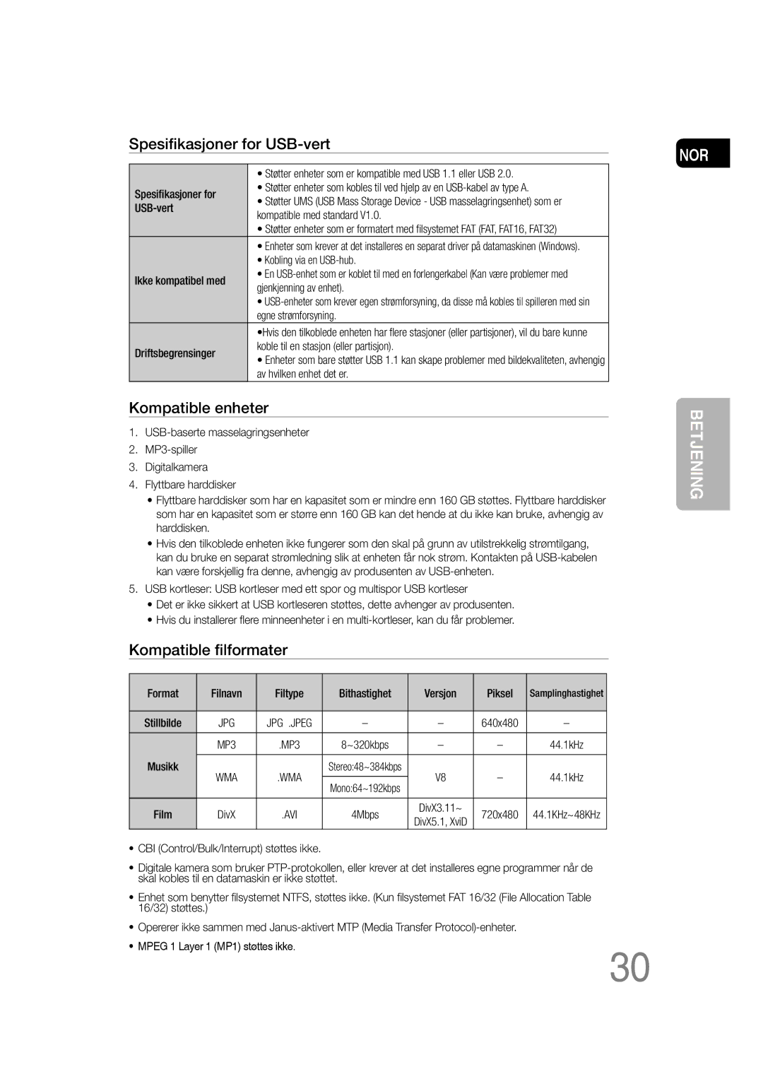 Samsung MM-D530D/XE, MM-D430D/XE manual Spesiﬁkasjoner for USB-vert 